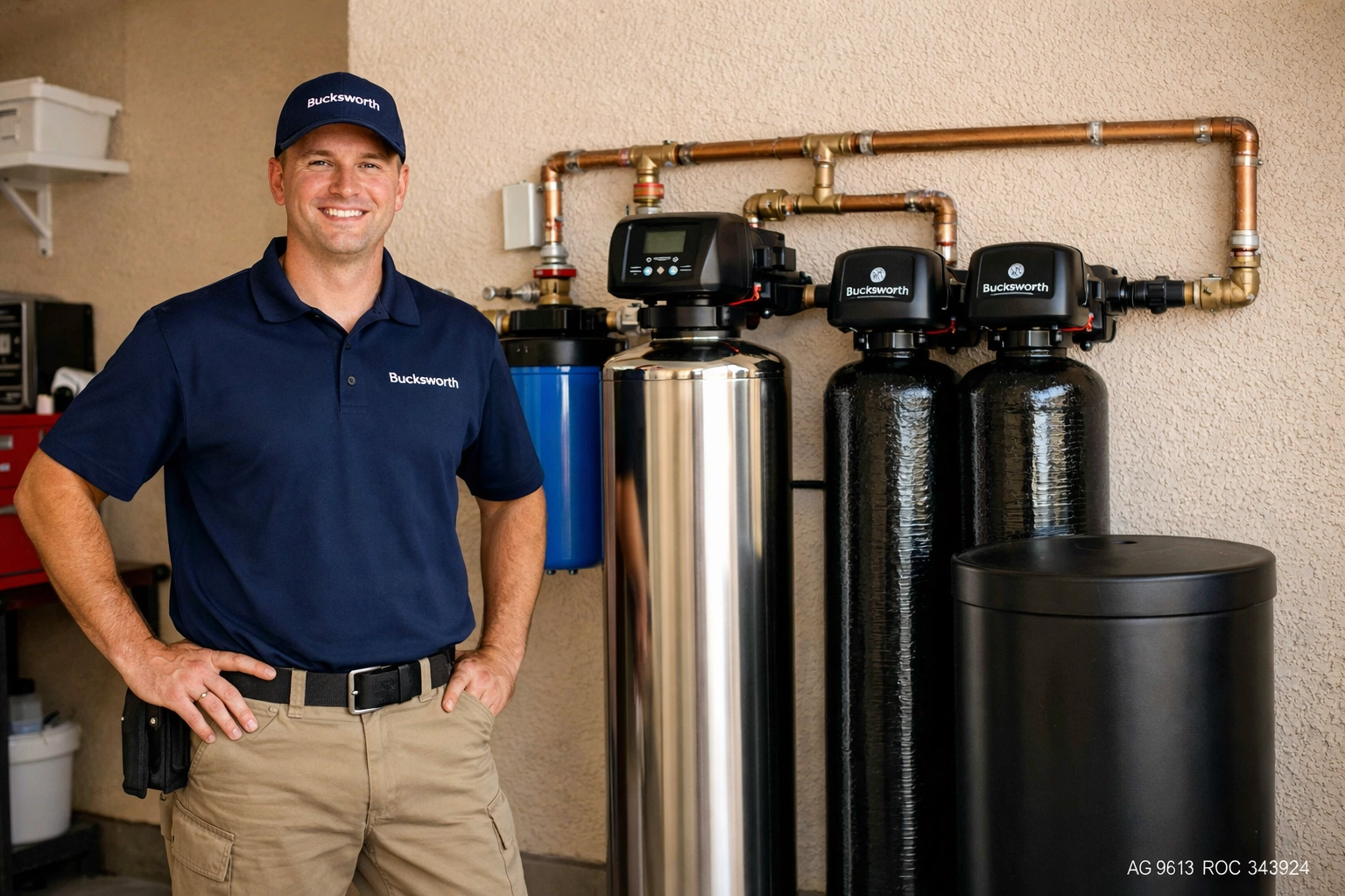 Bucksworth technician standing next to a high-efficiency water filtration system in a Gold Canyon AZ home.