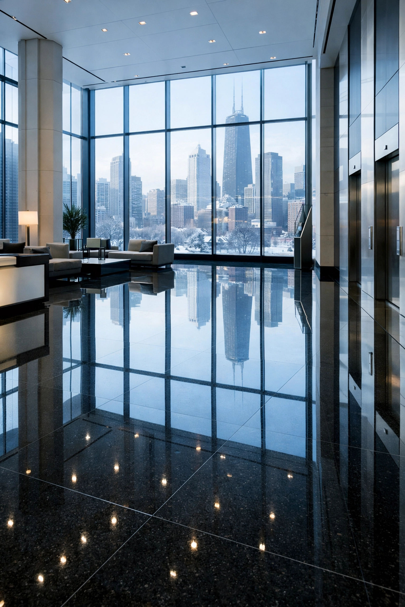 Polished dark granite floors in a clean Chicago commercial lobby during winter, representing Midwest property maintenance.