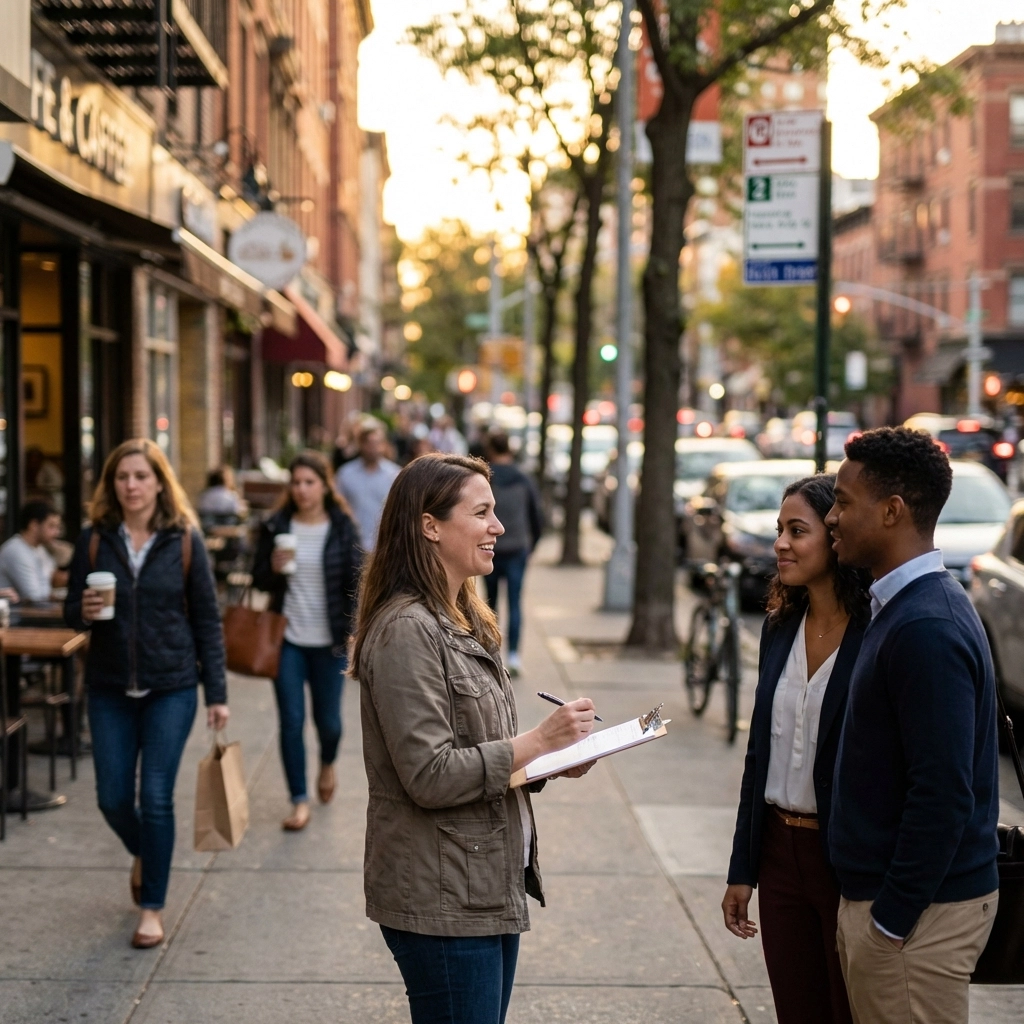 Consultant interviewing diverse potential restaurant customers for feasibility study on a busy city sidewalk