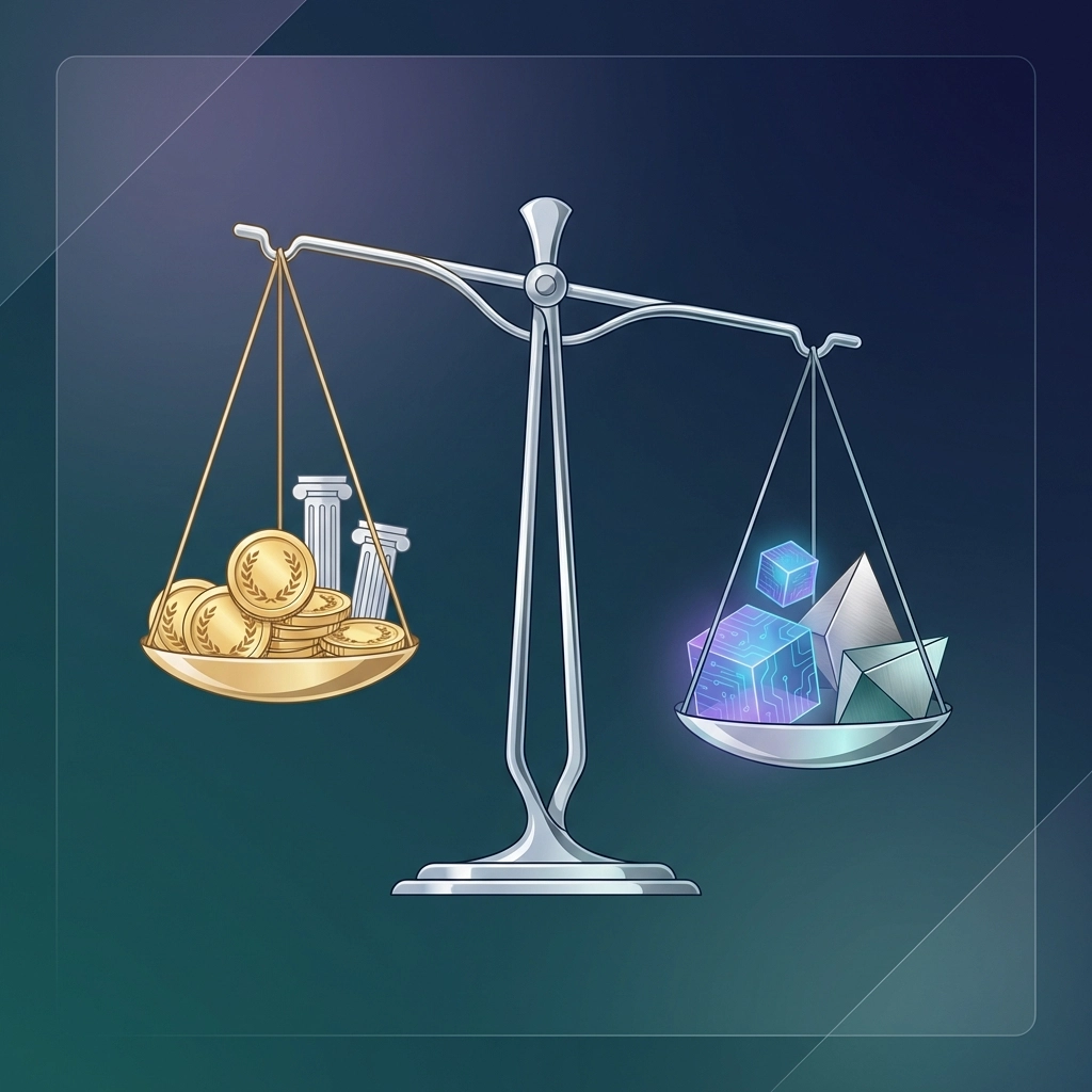 Balanced scale featuring traditional assets and digital alternatives, representing optimal asset diversification for 2026 portfolios.