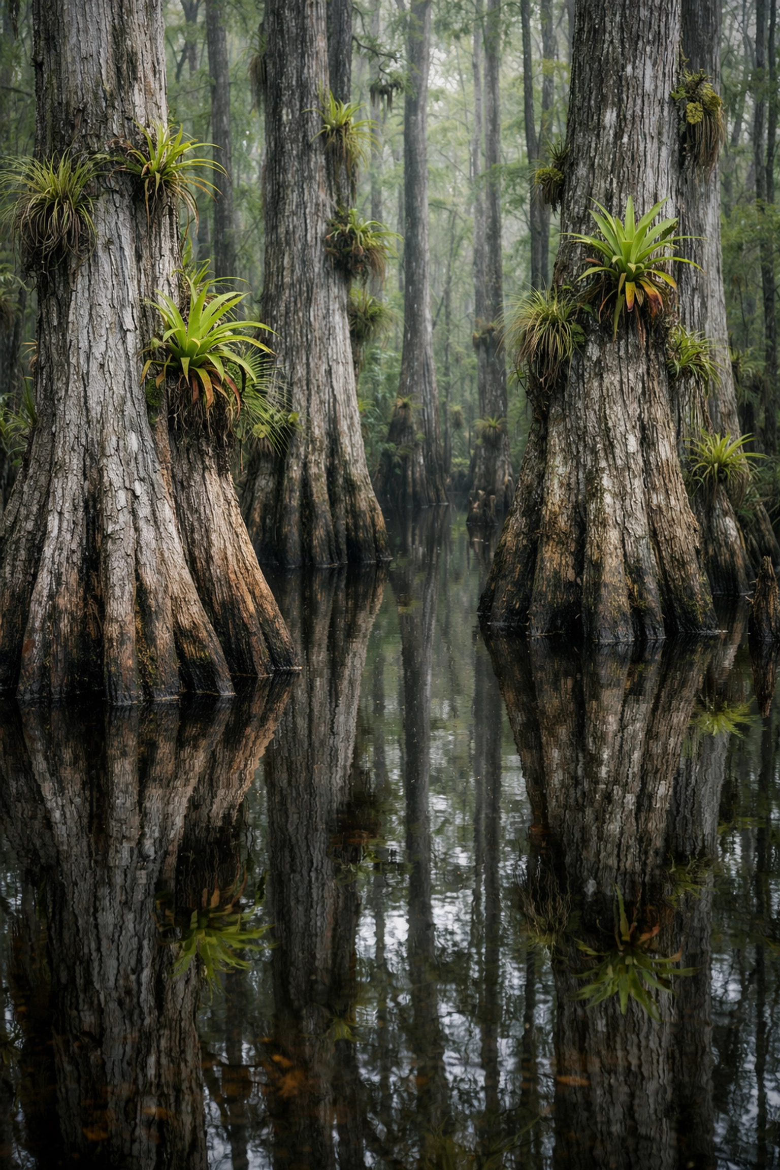 Ancient cypress trees reflected in the swamp, a prime spot for landscape photography Everglades.