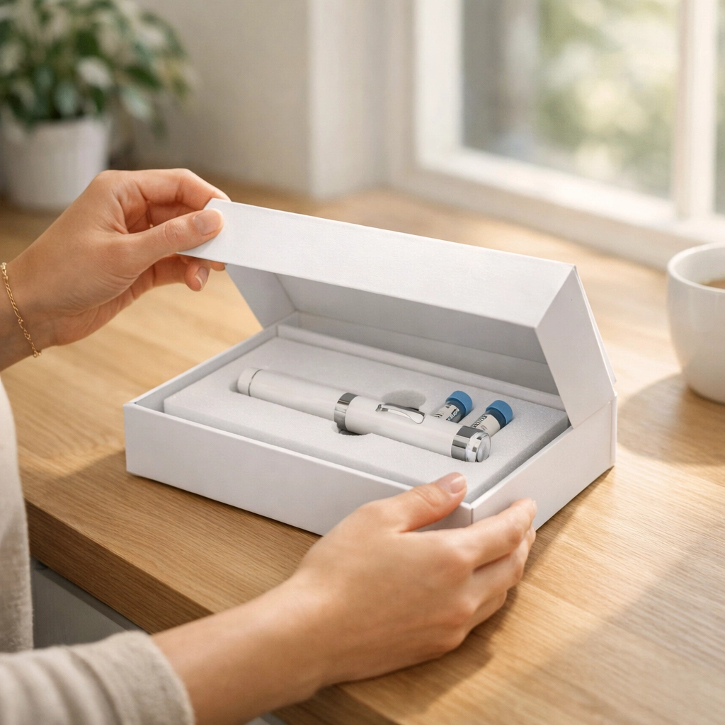 Hands opening a discrete white box of weight loss medication delivered through a telemedicine service.