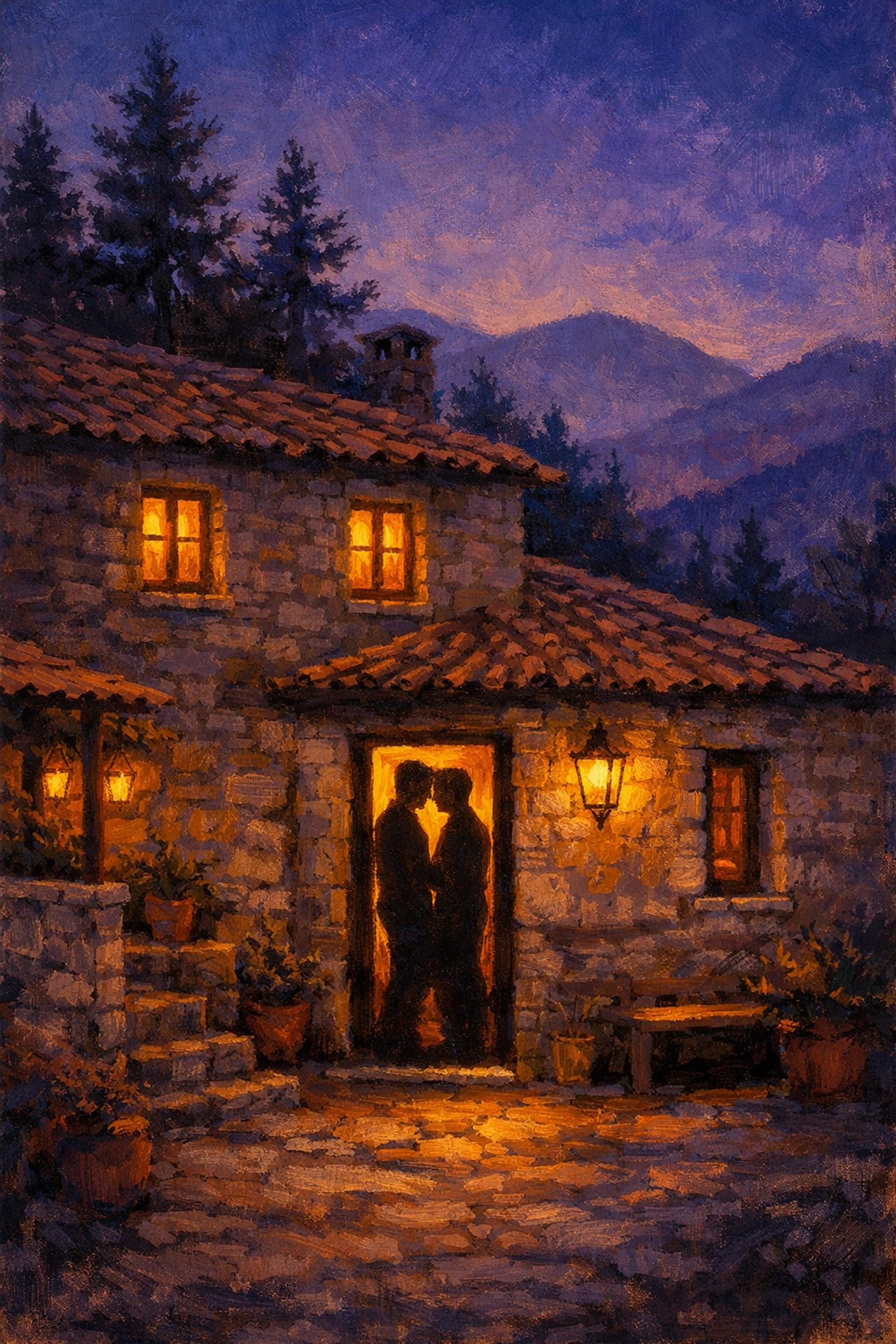 Two men at Greek village home illustrating rural gay relationships in the Peloponnese