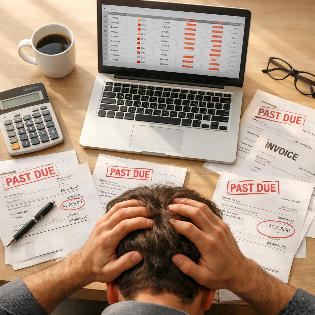 Business owner stressed over unpaid invoices and bookkeeping errors causing late fees
