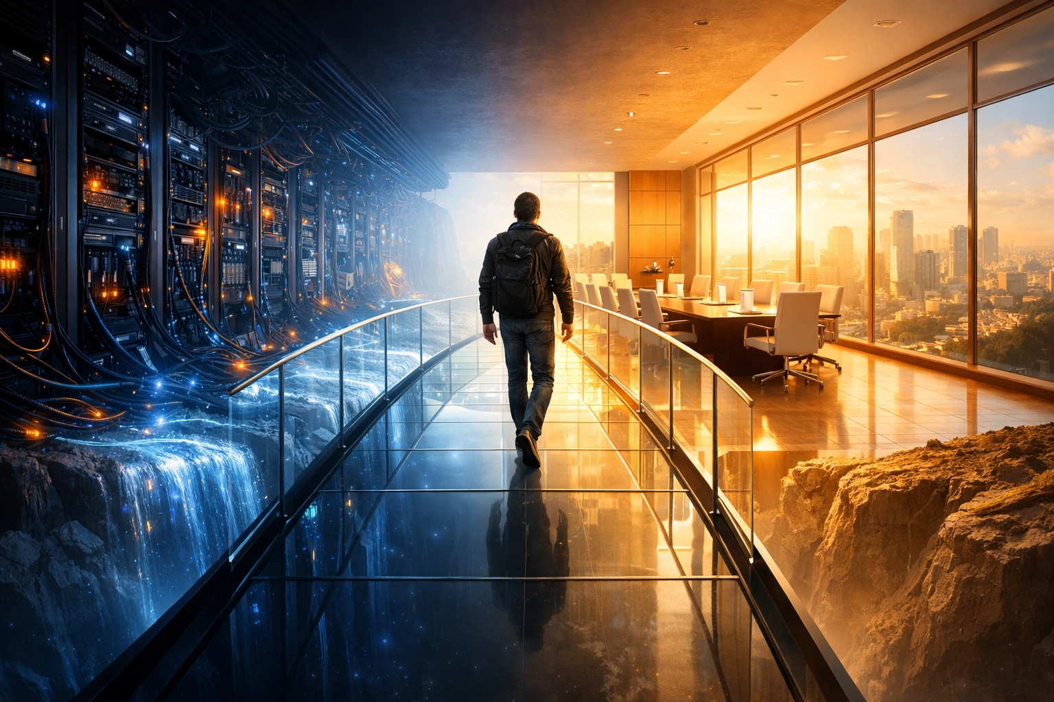 A digital bridge connecting a server room to an executive boardroom, symbolizing the career path to CISSP certification.