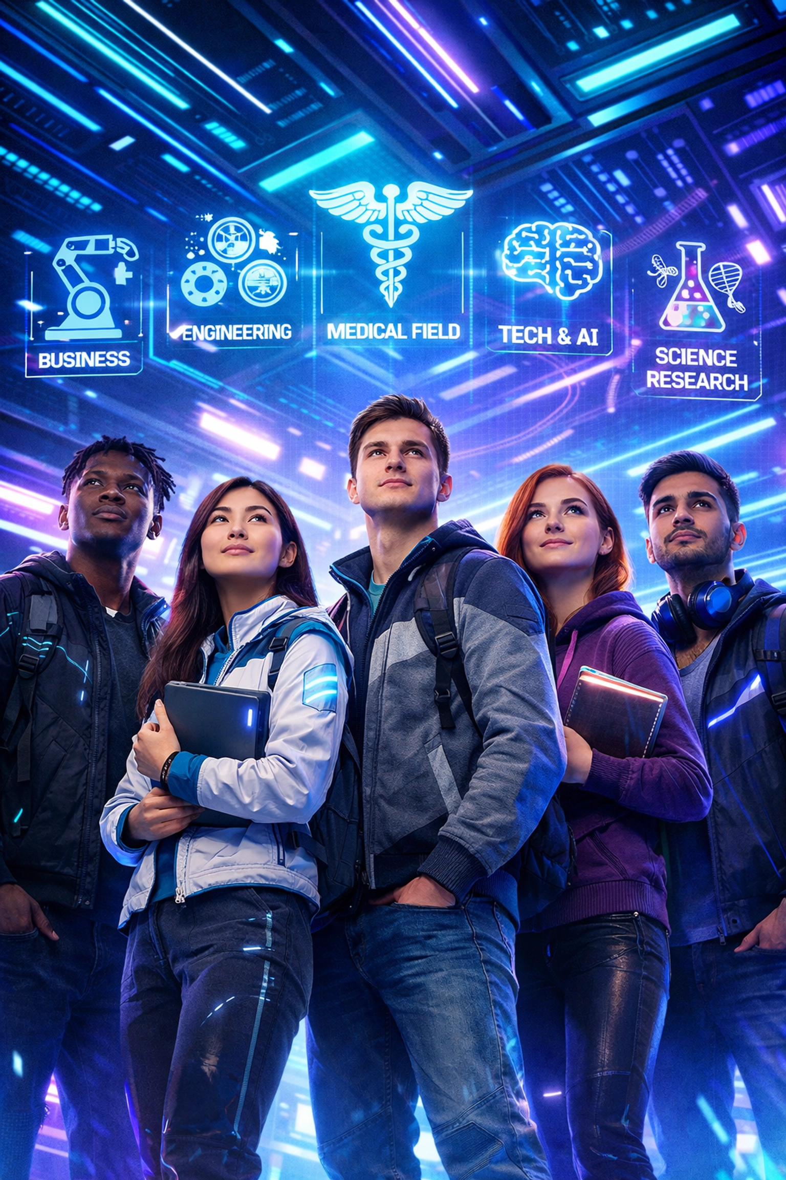 High school students exploring career pathways in a futuristic EsportsPod tech lab environment.