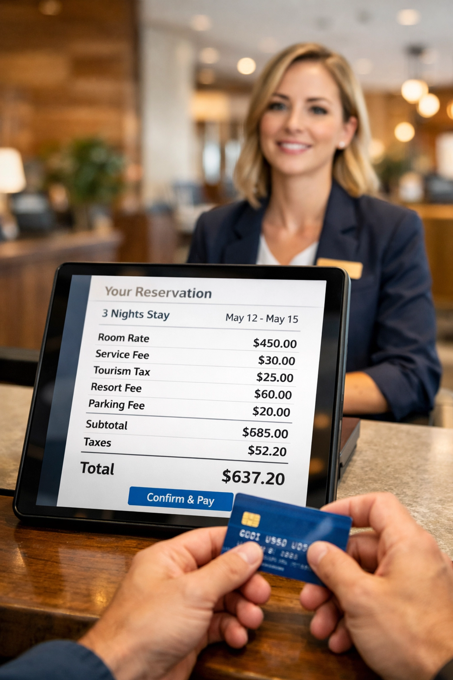 Hotel reservation screen displaying detailed charges including room rate, service fee, resort fee, and total amount due, with a hotel staff member in the background, emphasizing transparency in hotel pricing amid NYC's new regulations against hidden fees.