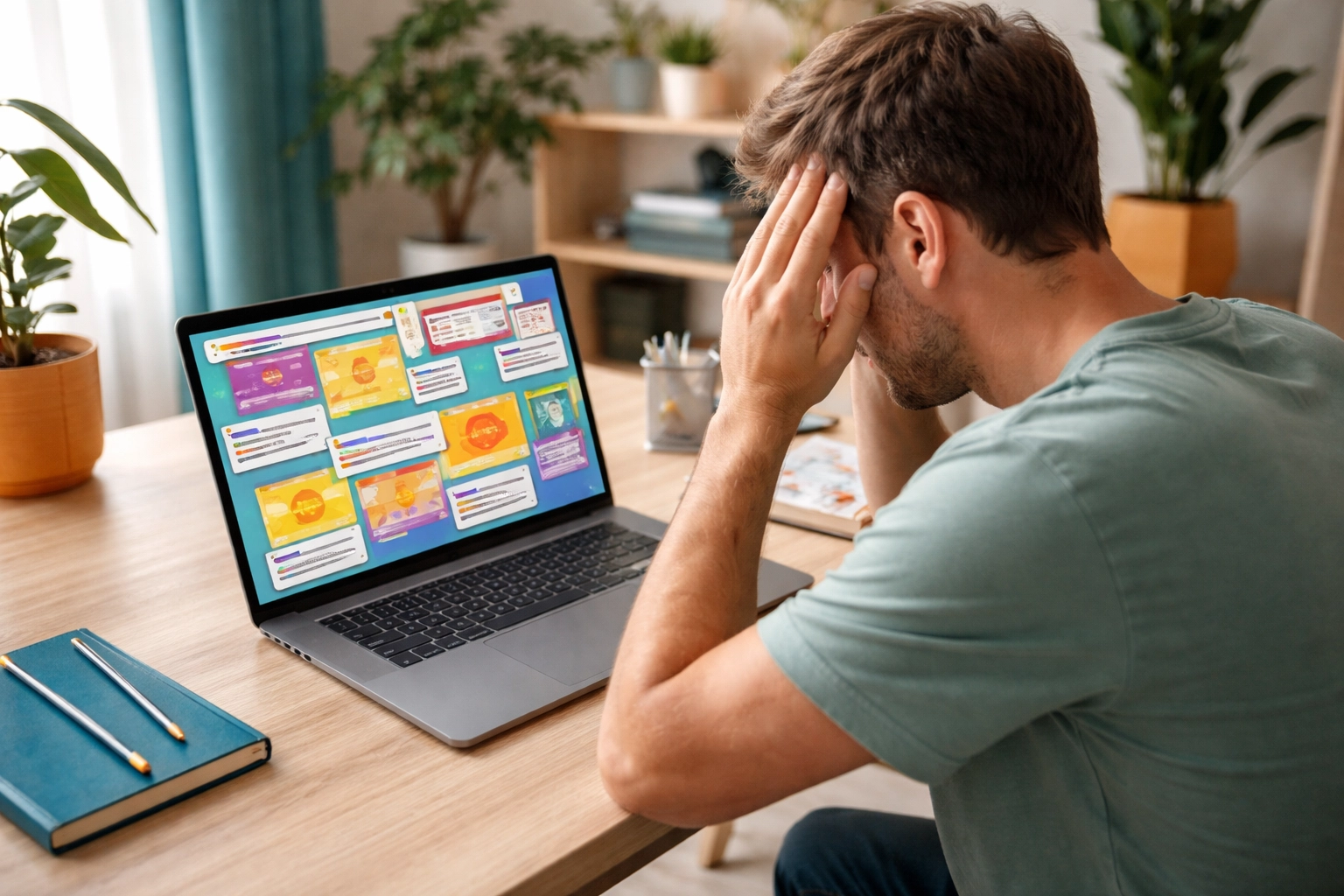Person frustrated with confusing website navigation at modern desk, illustrating poor site structure