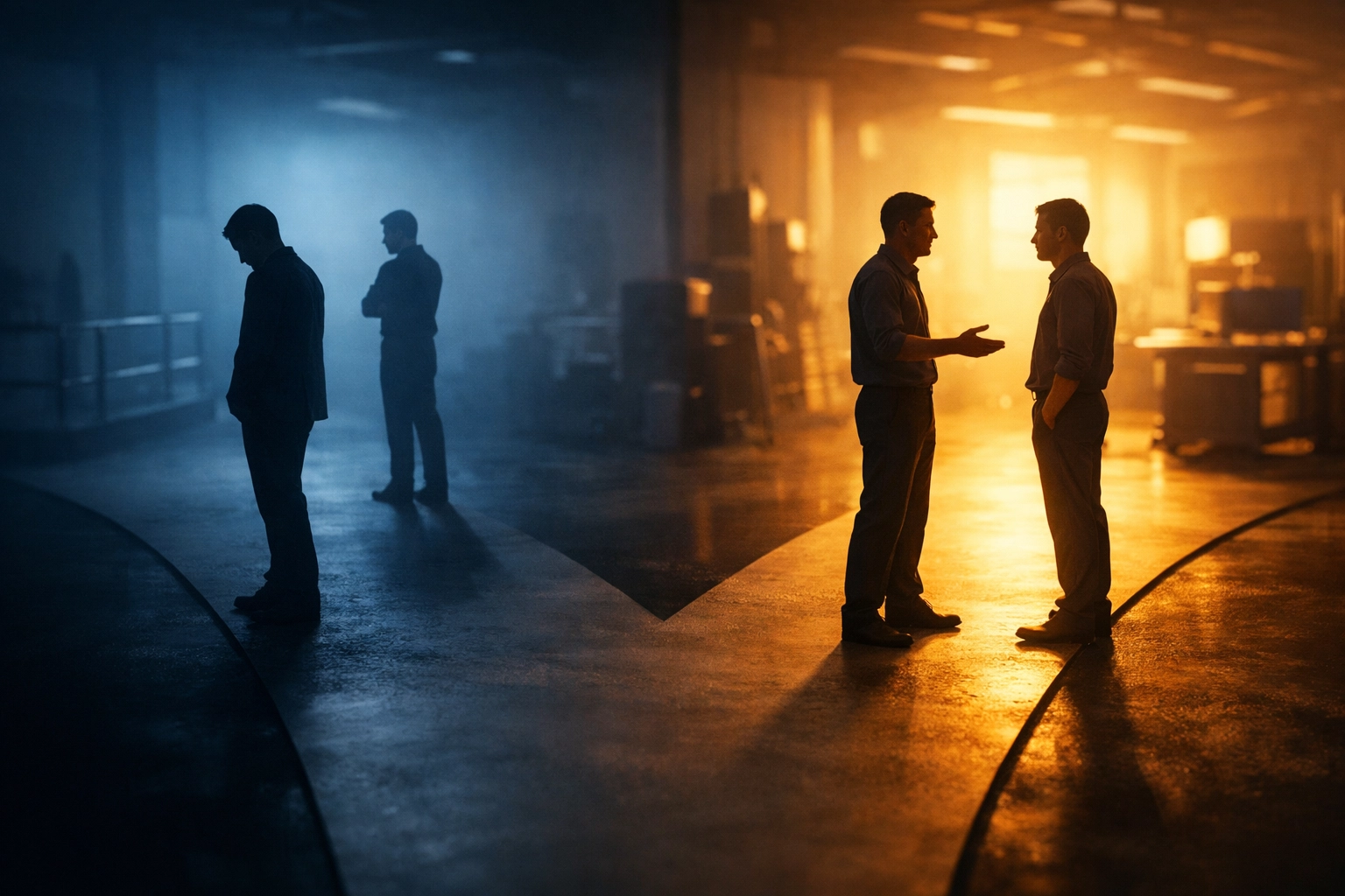 Two workplace paths showing conflict avoidance versus honest safety conversation