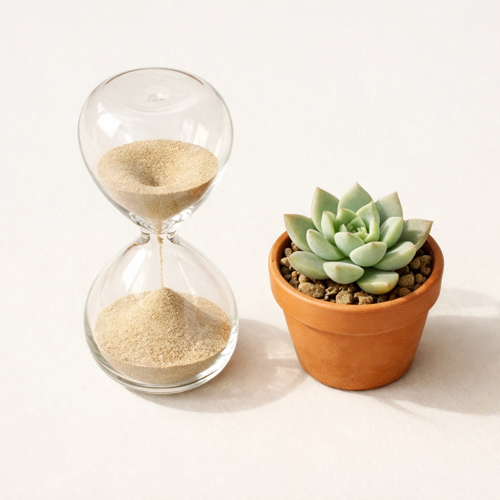 Hourglass representing a focused 15-minute clarity session to overcome overthinking