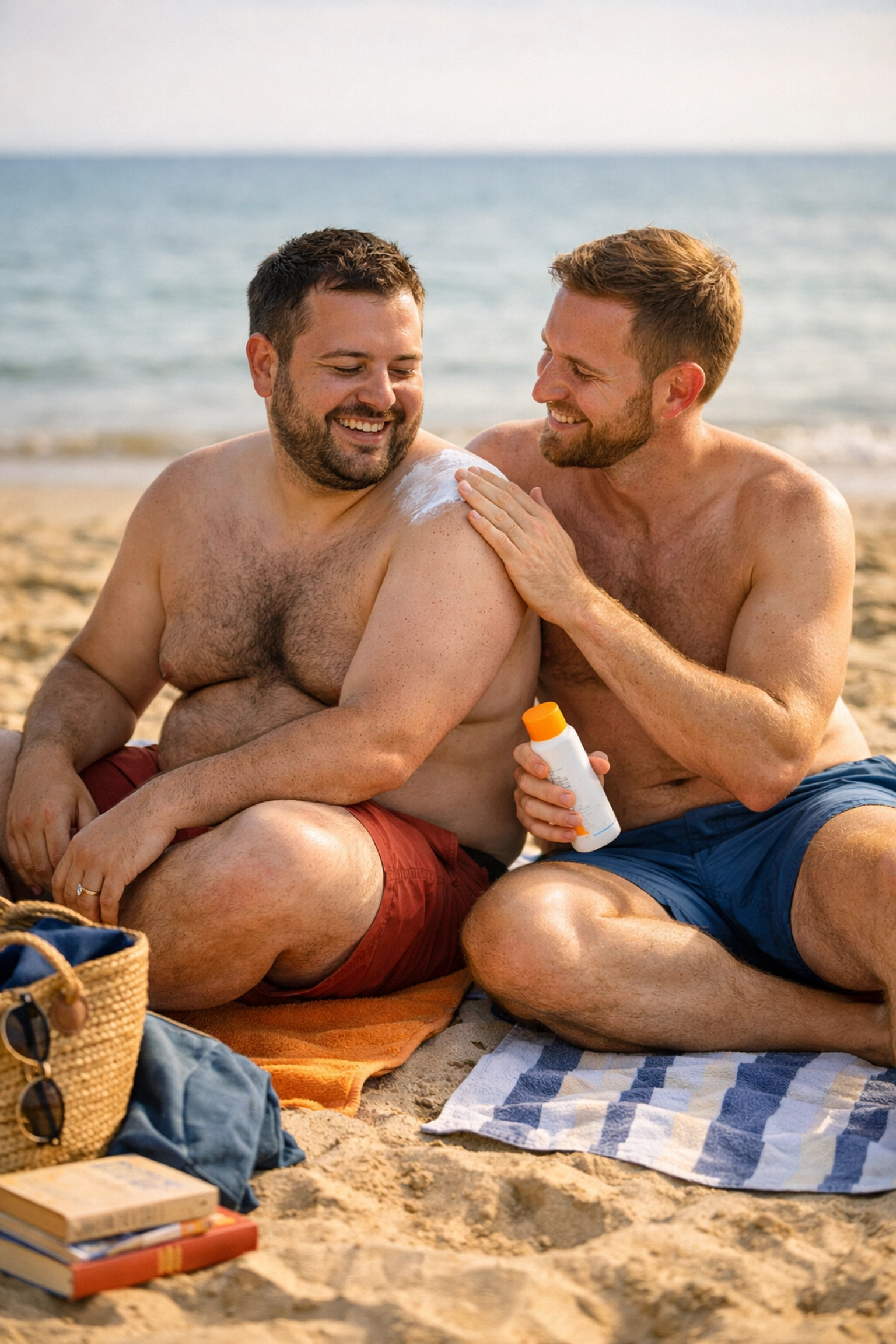 Gay couple applying sunscreen at LGBTQ+ friendly Studland Beach