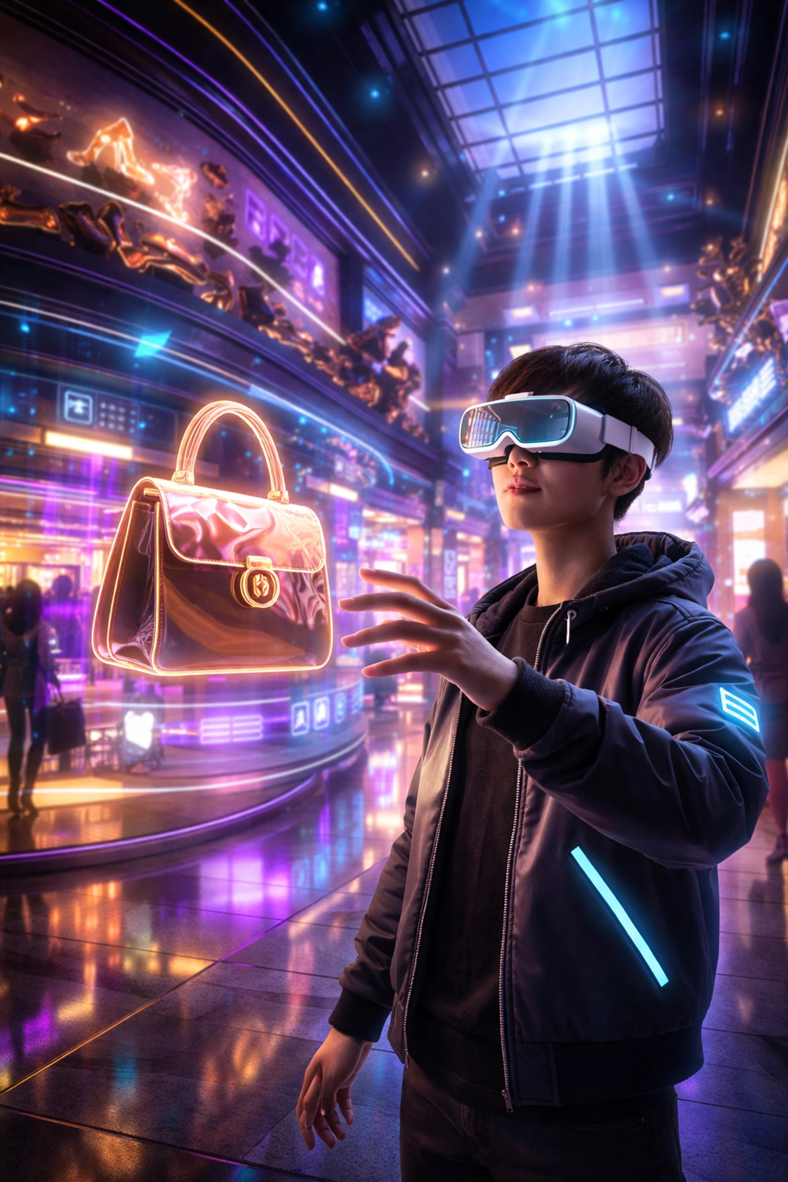 Person exploring a virtual mall with VR goggles highlights immersive metaverse shopping and crypto payments.