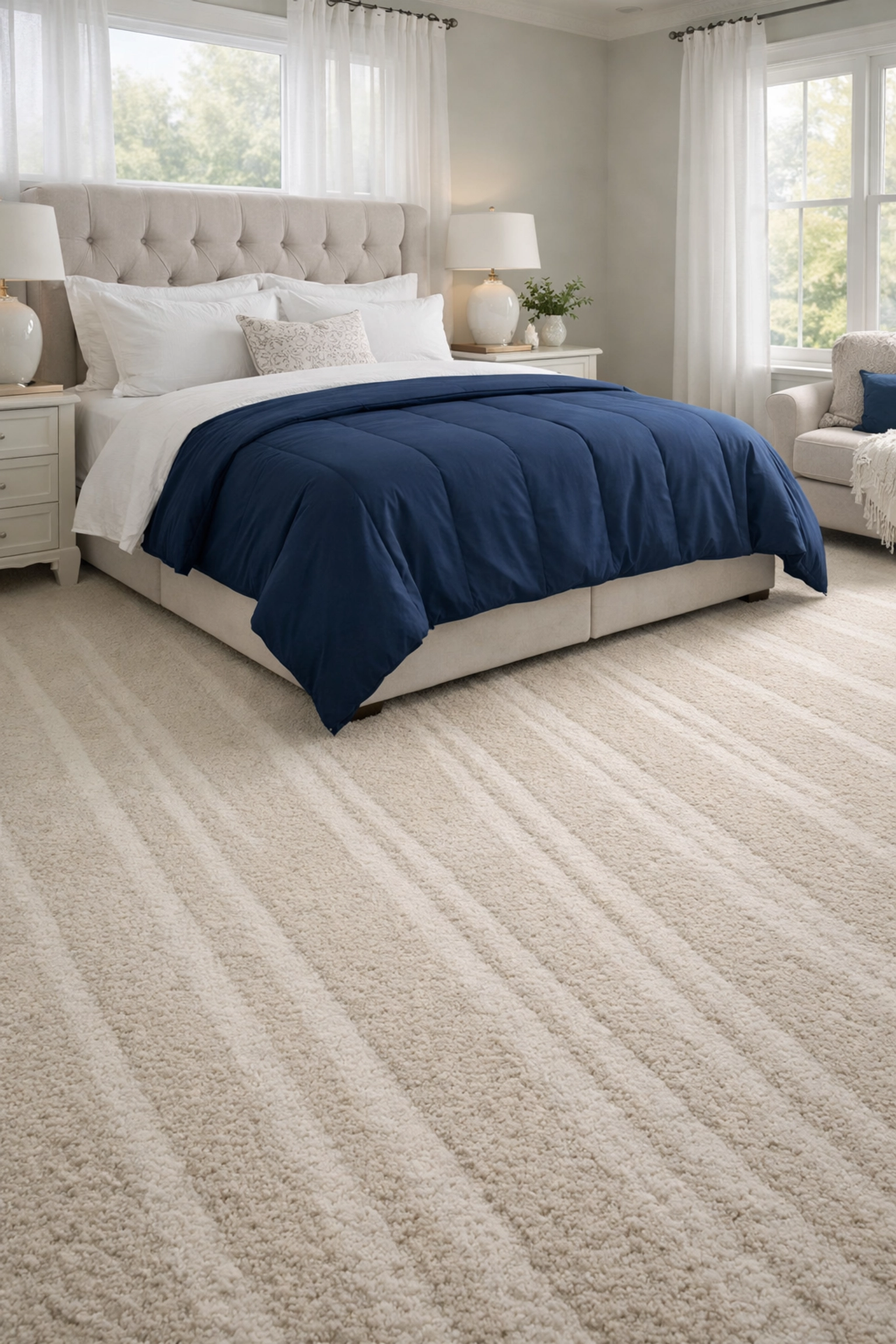 Clean master bedroom with fresh vacuum lines in the carpet after professional house cleaning in Kingston.