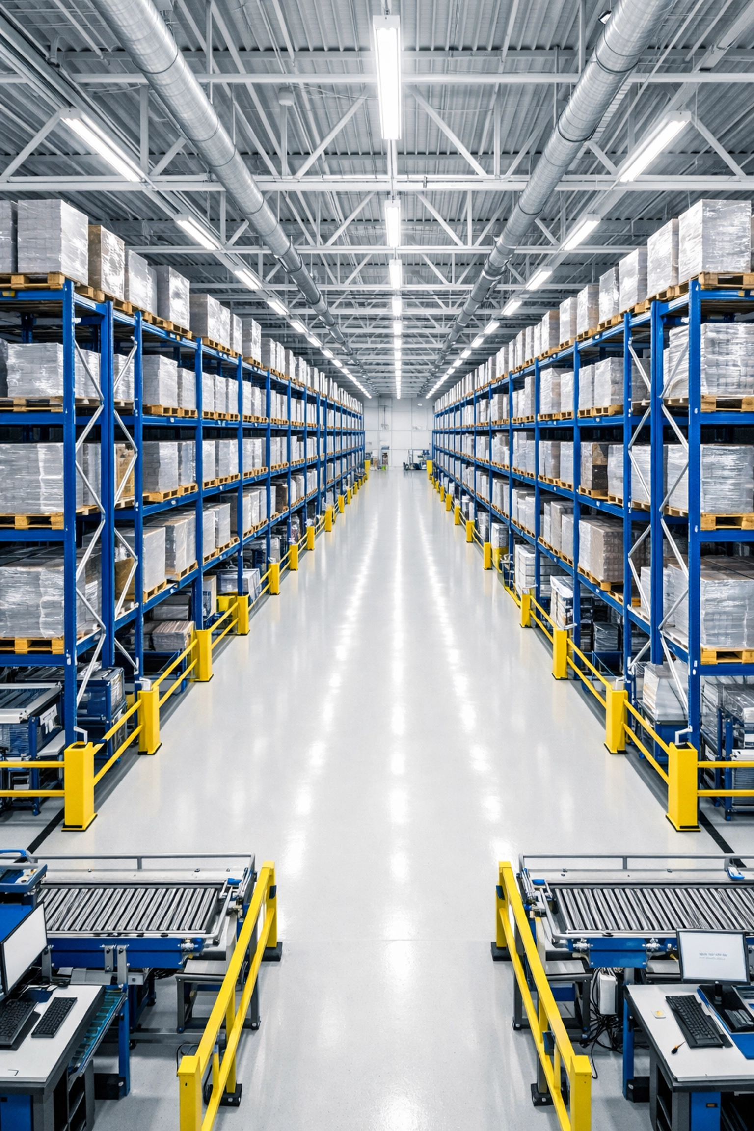 Clean and debris-free aisles in a state-of-the-art logistics distribution center maintained by experts.