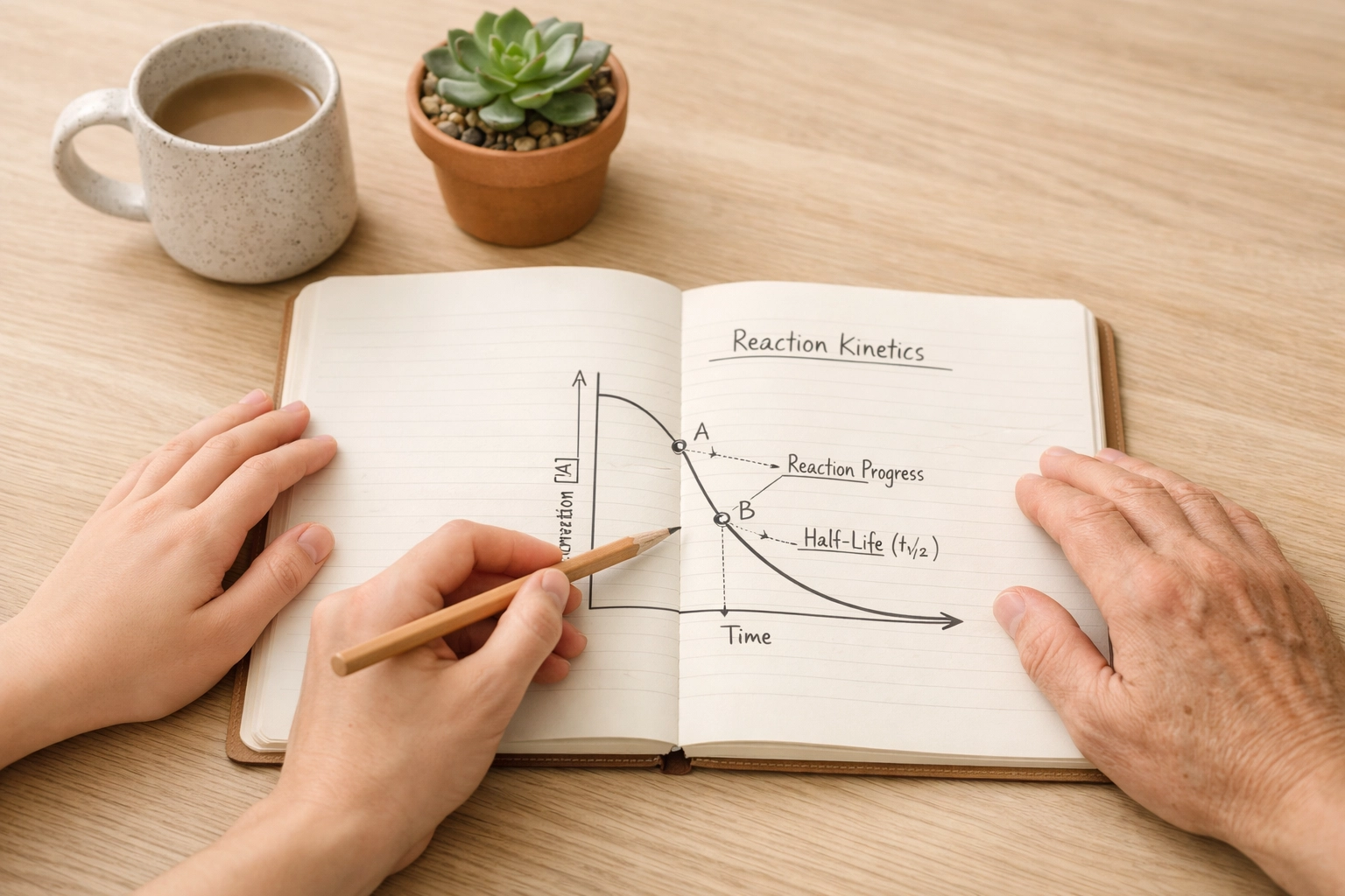 A specialist tutor and student analyzing a chemical kinetics graph together to master A-level chemistry marks.