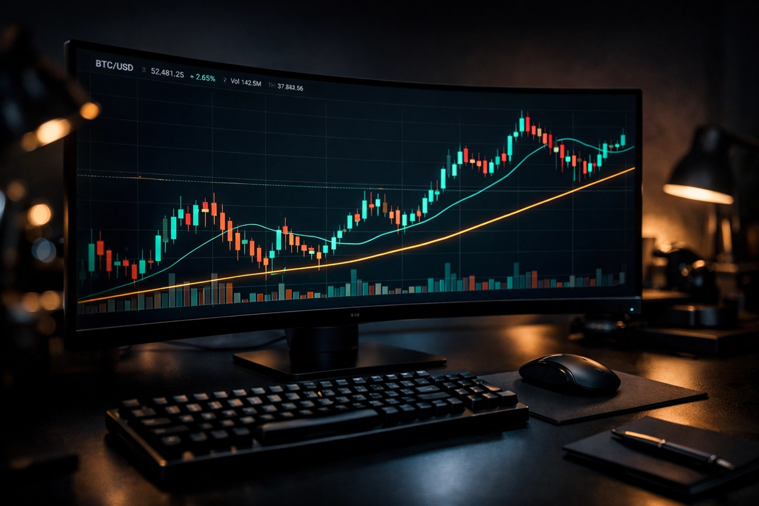 Professional crypto trading workspace with price charts and technical indicators for market analysis.