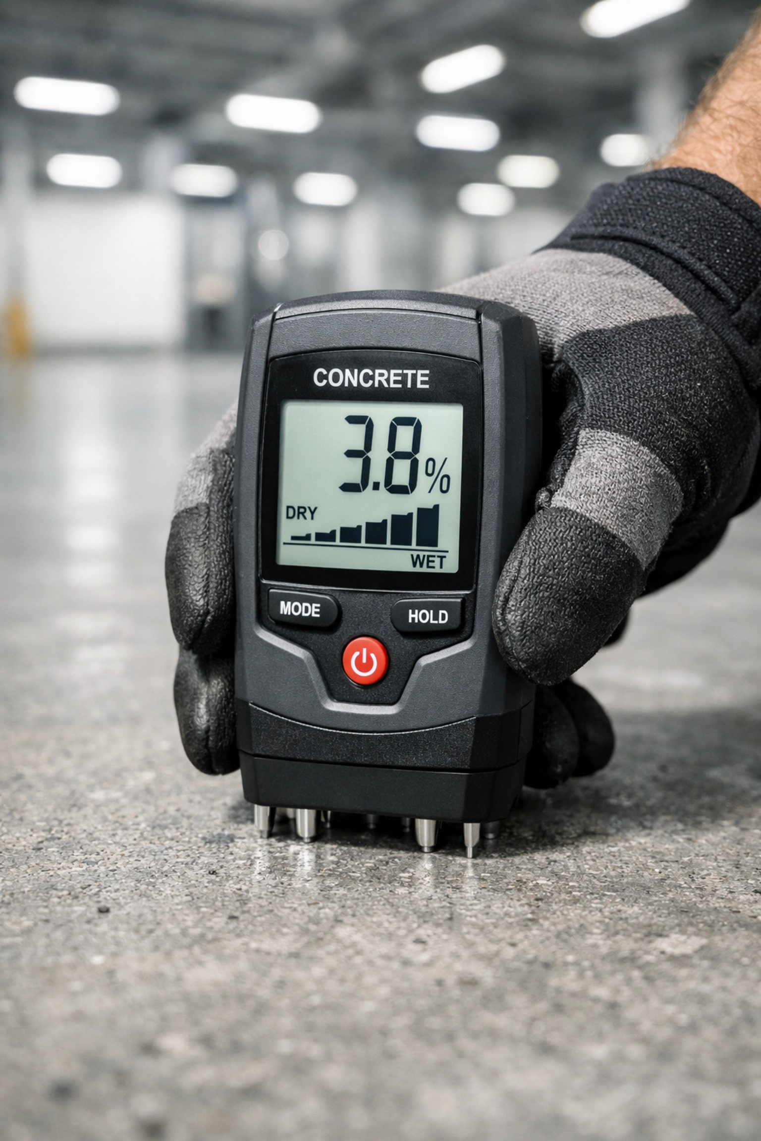 Professional moisture testing on commercial concrete floor in Ridgeland MS warehouse