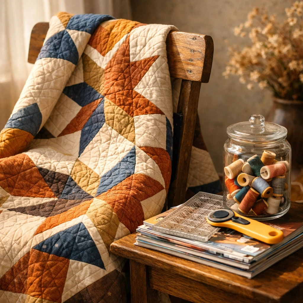 Modern star-pattern quilt and sewing tools showcasing the creativity at Countryside Quilts.