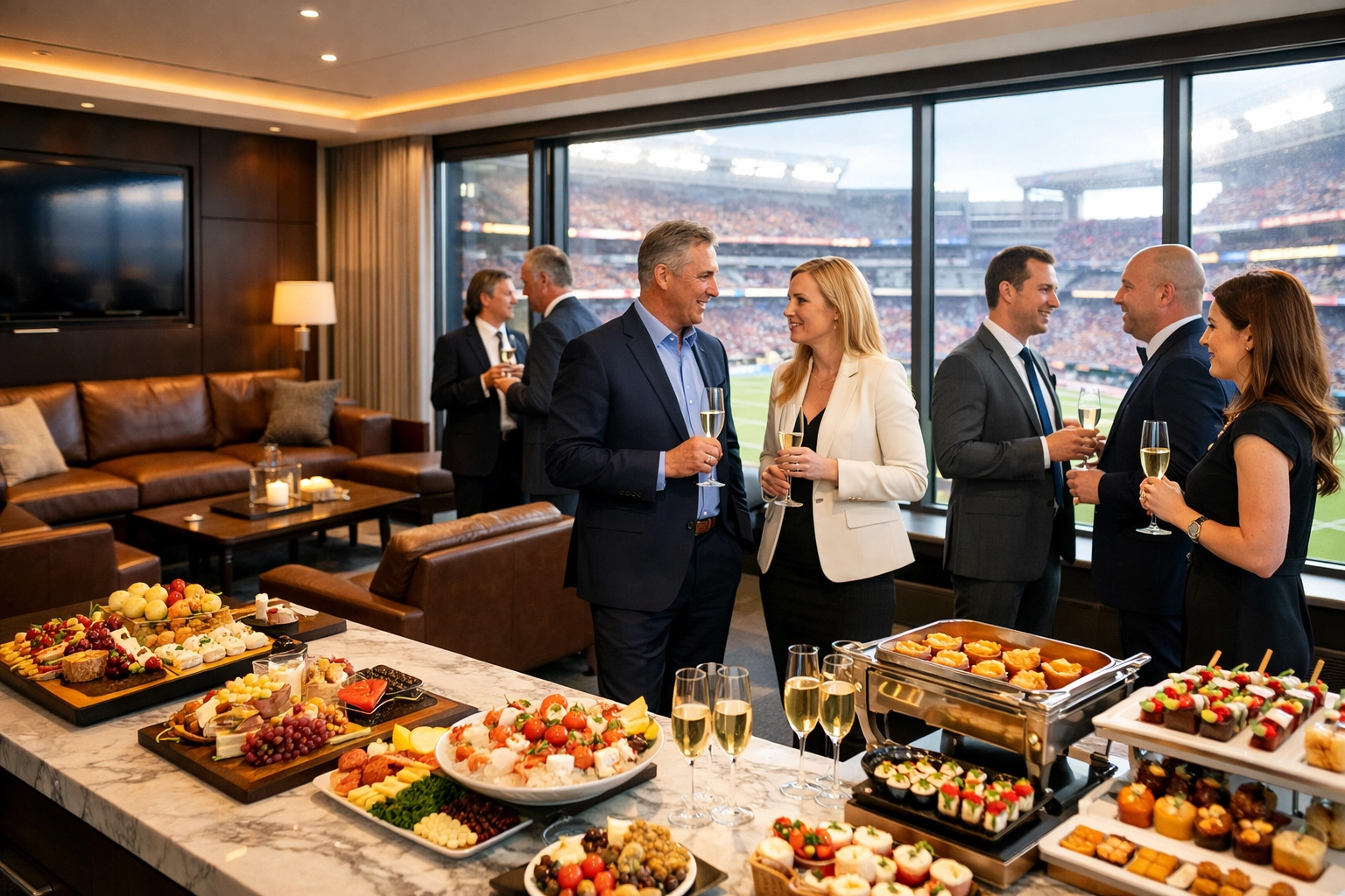 VIP hospitality suite with executives networking during Super Bowl corporate event