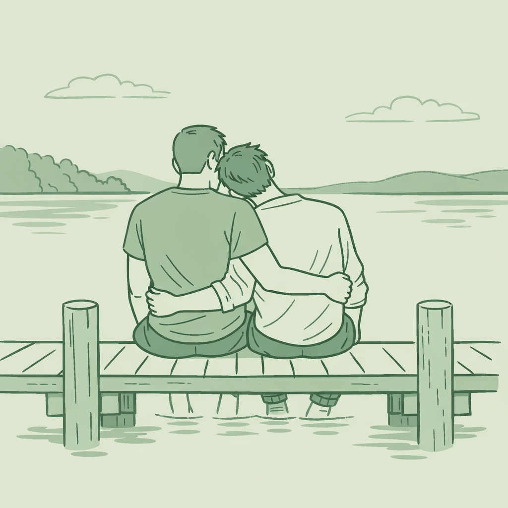 MM couple sharing a quiet moment of emotional connection on a pier, illustrating asexual intimacy.