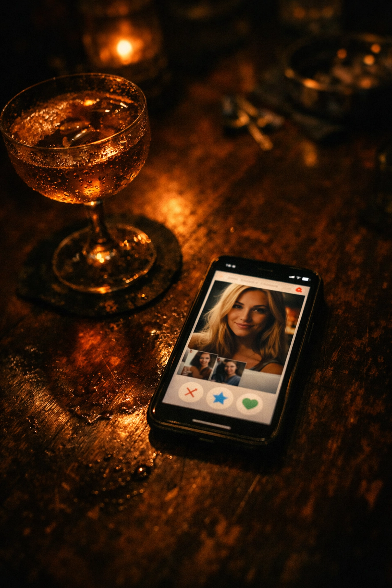 Dating app on smartphone next to drink at Medellin bar illustrating robbery risk for tourists