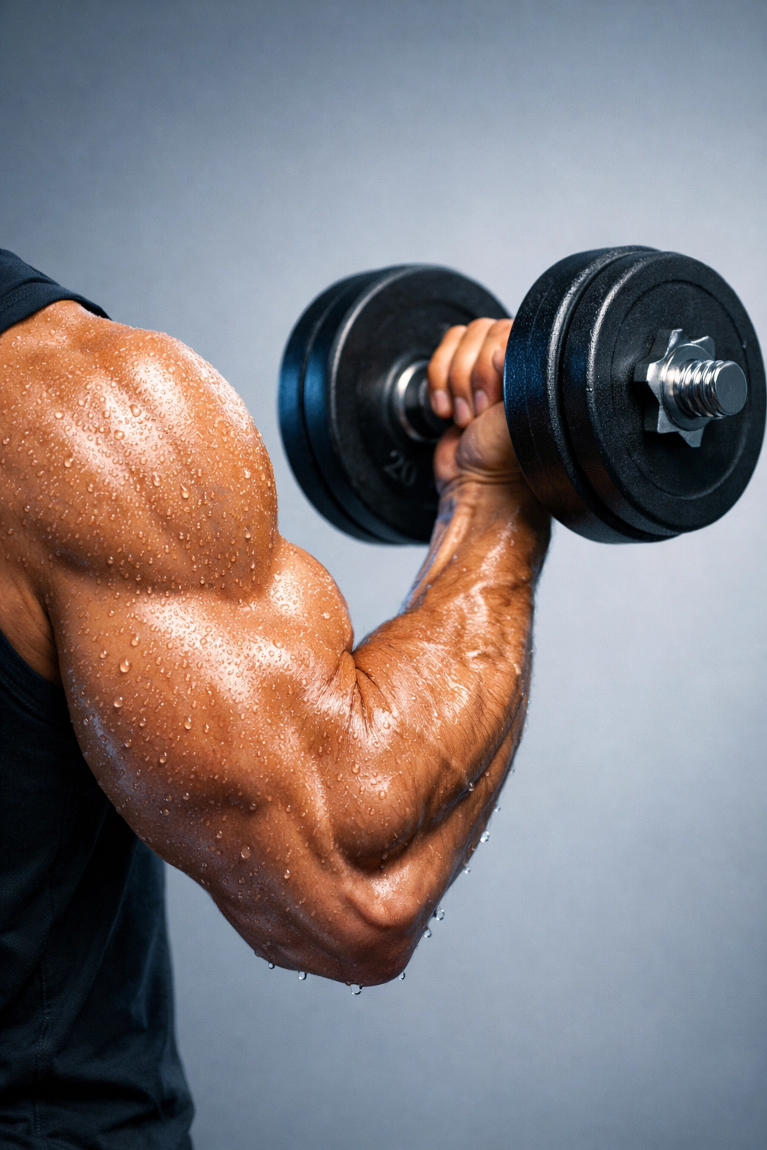 Athlete performing dumbbell curl showing muscle fatigue and fiber engagement during strength training