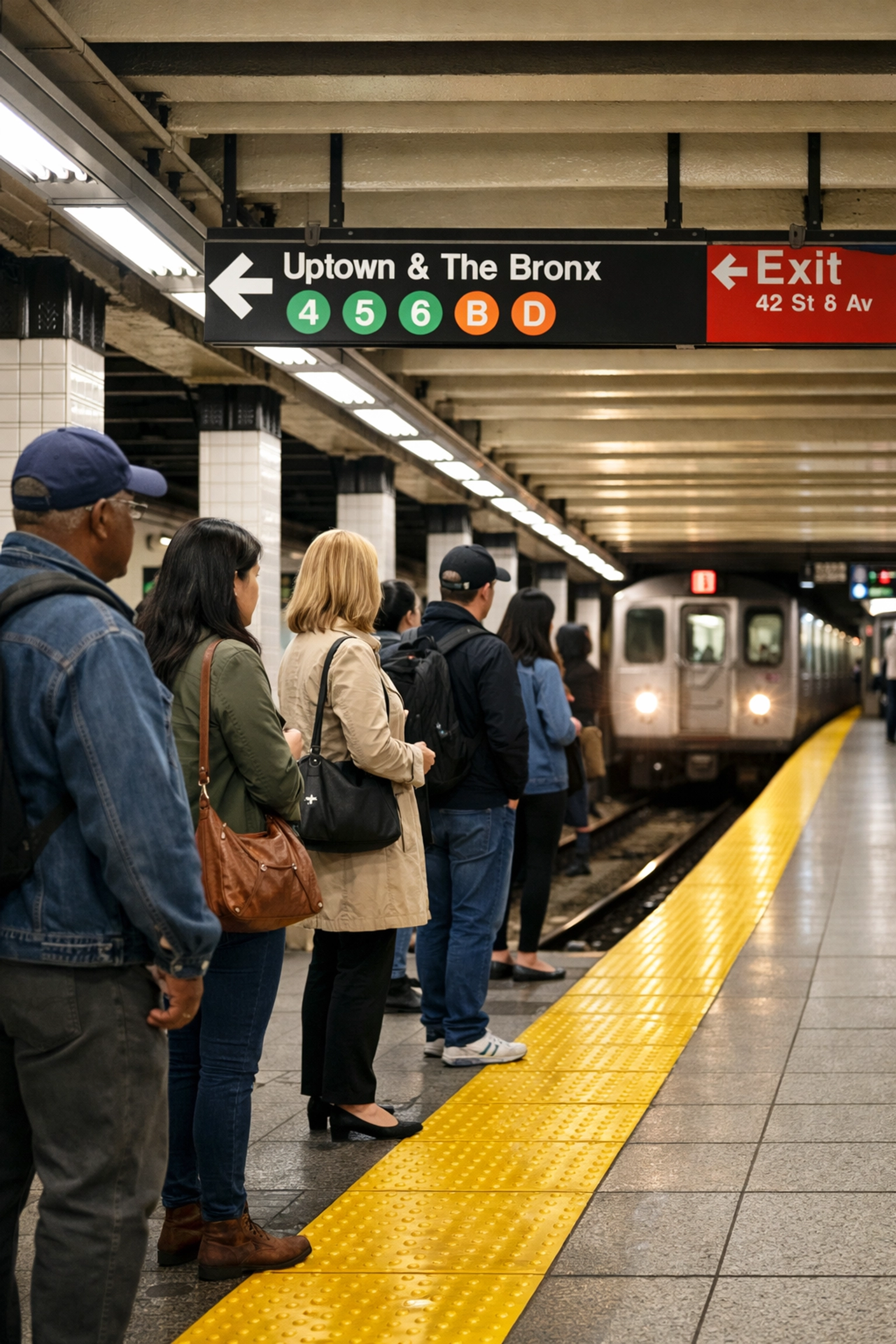 Crowd of subway passengers waiting at a New York City station, with a sign directing to Uptown & The Bronx and an approaching train.