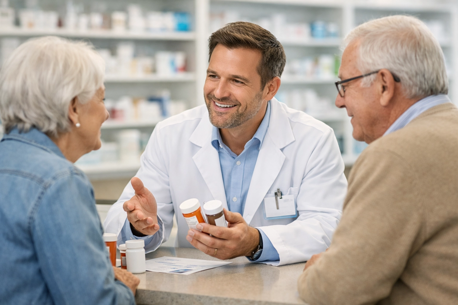 Pharmacist consulting with senior couple about medication safety and fall risk during pharmacy visit