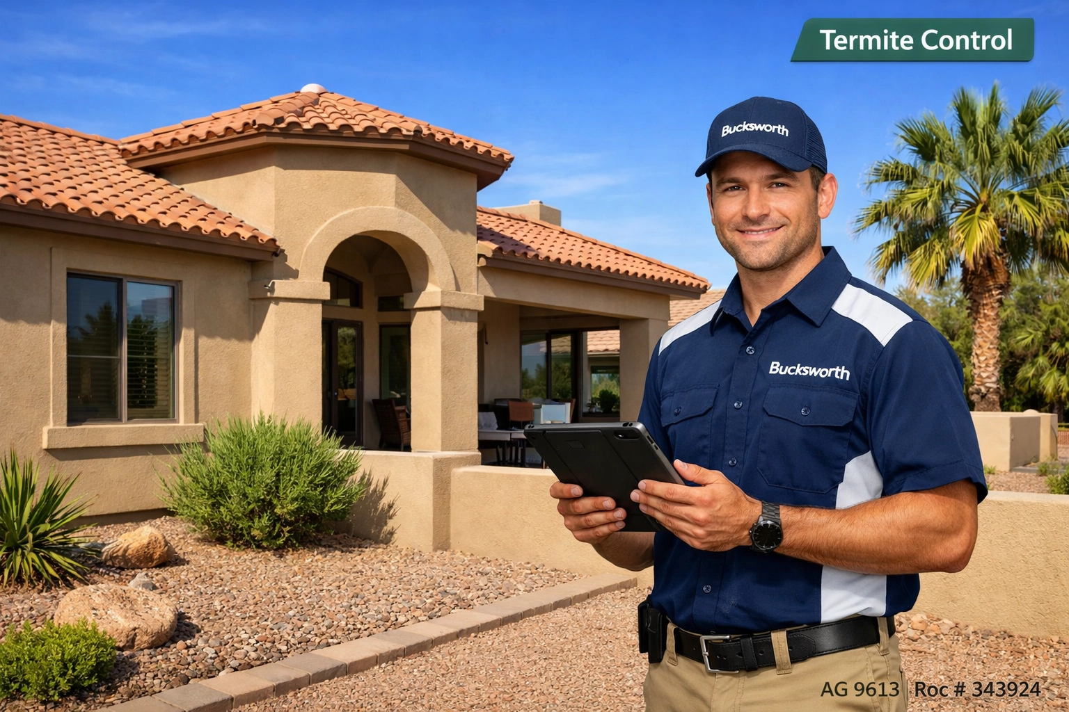 Bucksworth technician performing a professional termite inspection at a Mesa home.