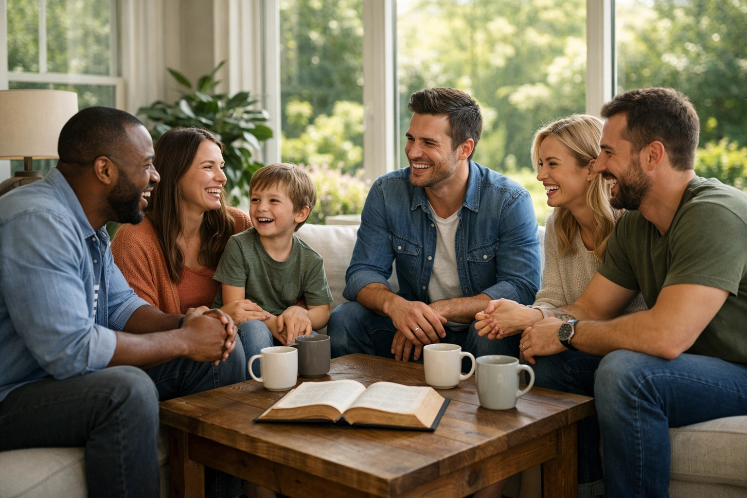Friends gathered for a Bible study and fellowship in a modern home with Boundless Online Church.