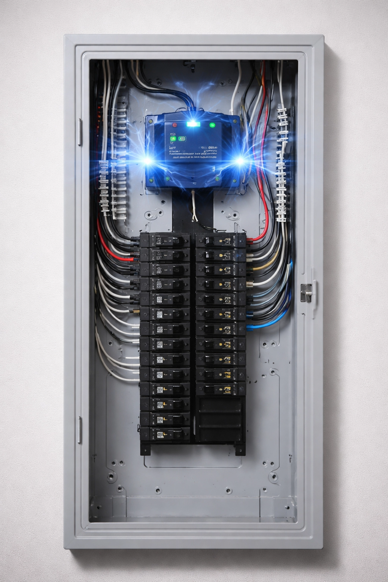 Whole-home surge protector installed on a modern residential electrical panel