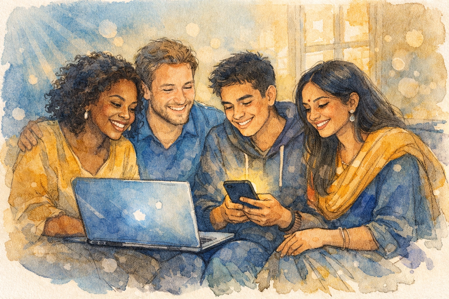 Diverse group engaging together online through laptops and phones in digital church worship community