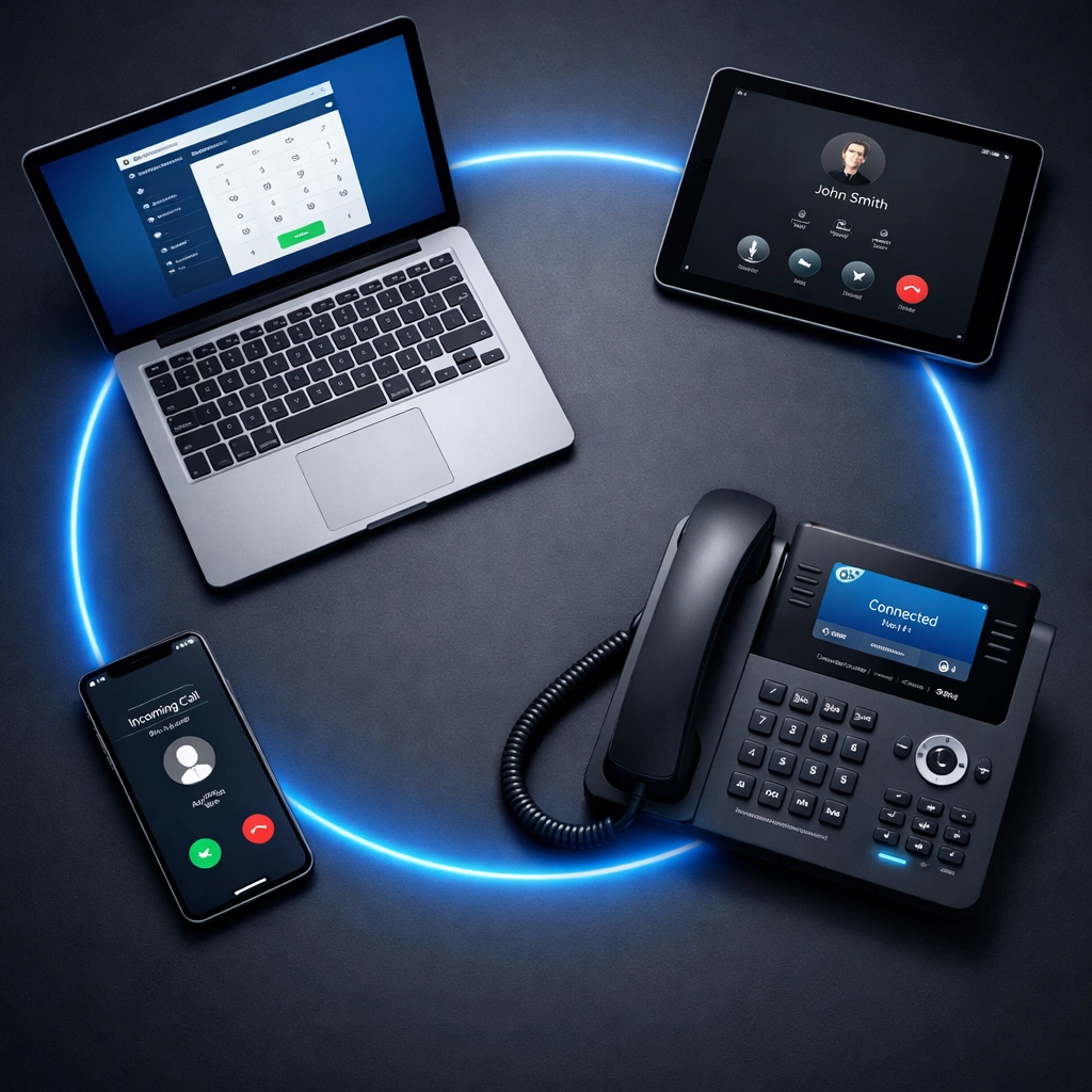 Business VoIP phone system connecting smartphone, laptop, tablet, and desk phone