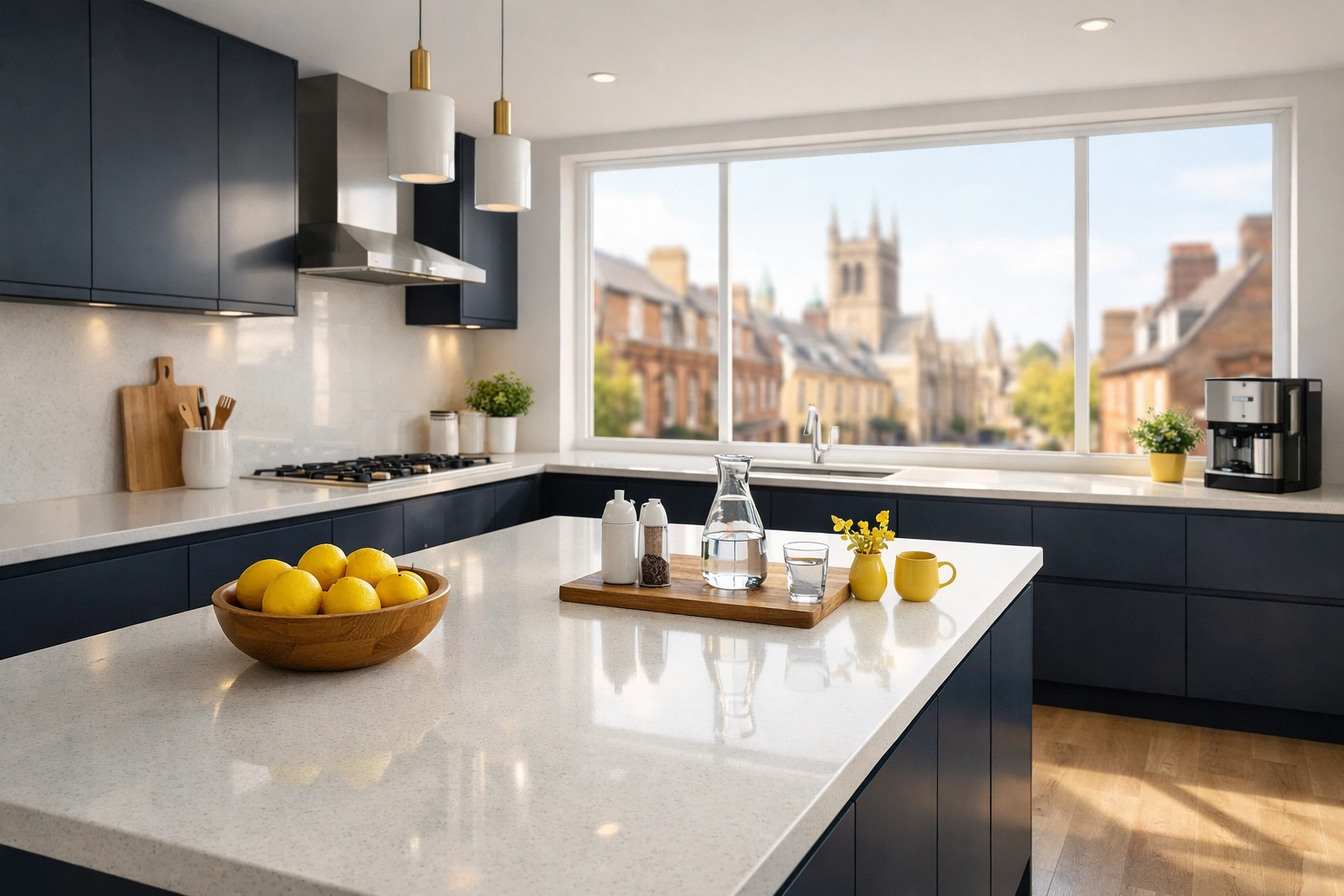 Minimalist Cambridge kitchen with sparkling white countertops after a professional deep cleaning service.