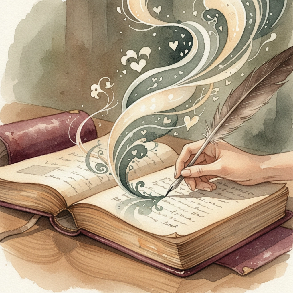 A hand writing in an open journal with a quill pen as swirling, magical ribbons and heart shapes rise from the page, symbolizing the emotional healing power of expressive writing.