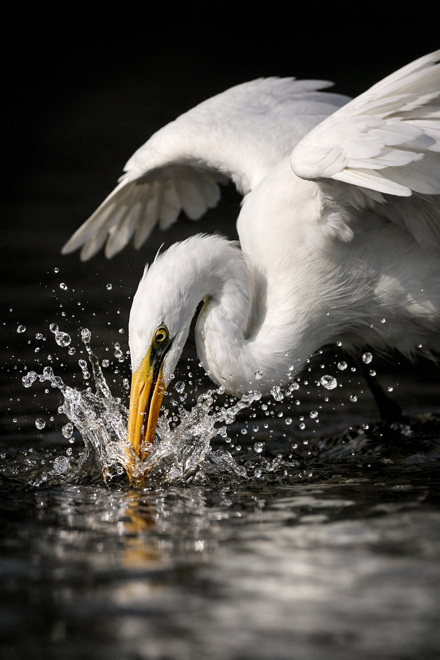 A Great Egret striking the water to catch a fish, showing sharp action in the Everglades.
