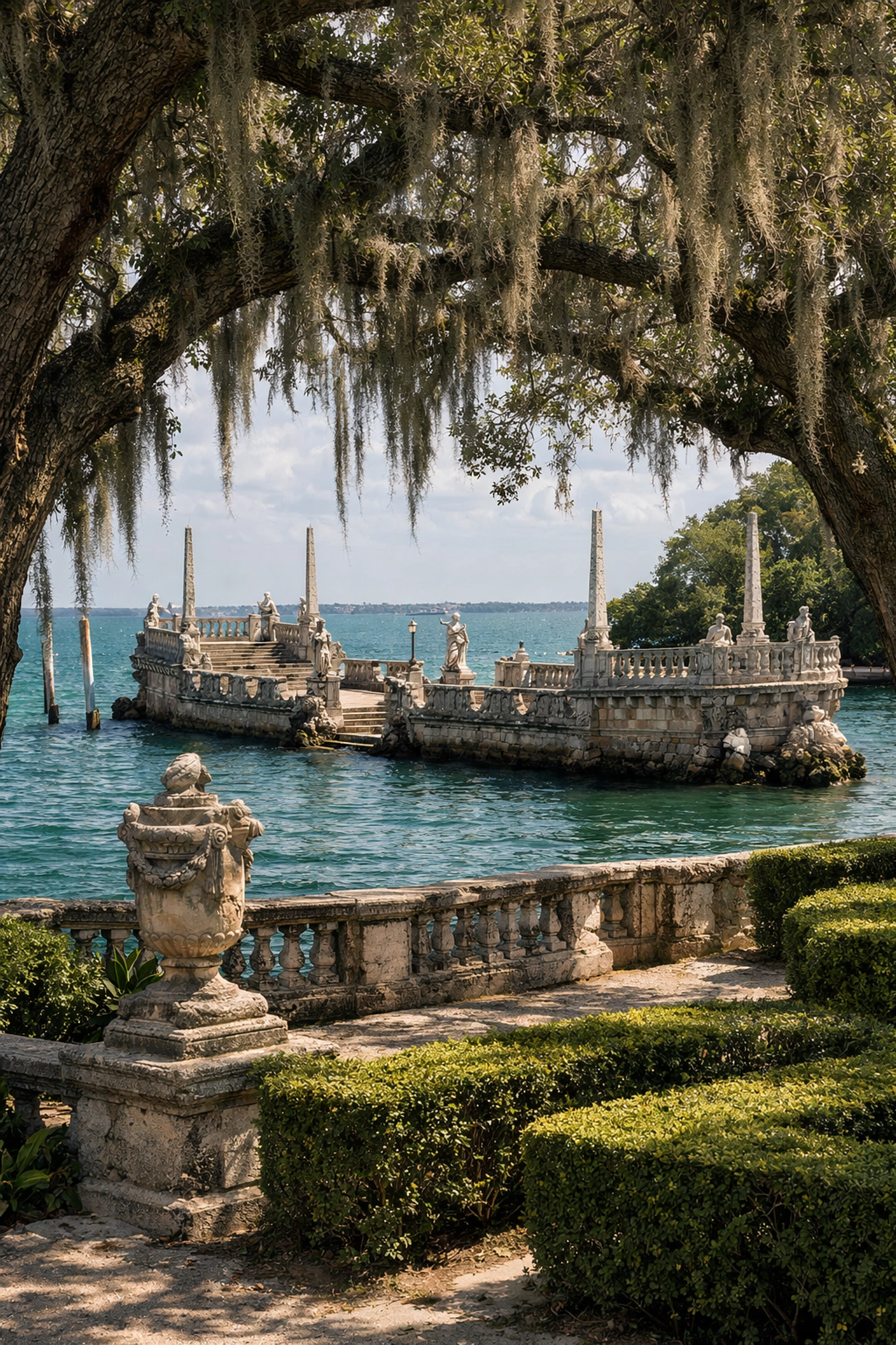 Historic stone barge and formal gardens at Vizcaya Museum and Gardens, a top Miami photo spot.