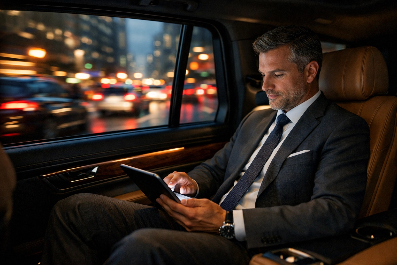 Executive chauffeur service provides a quiet, productive workspace for a professional traveler in a luxury black car.