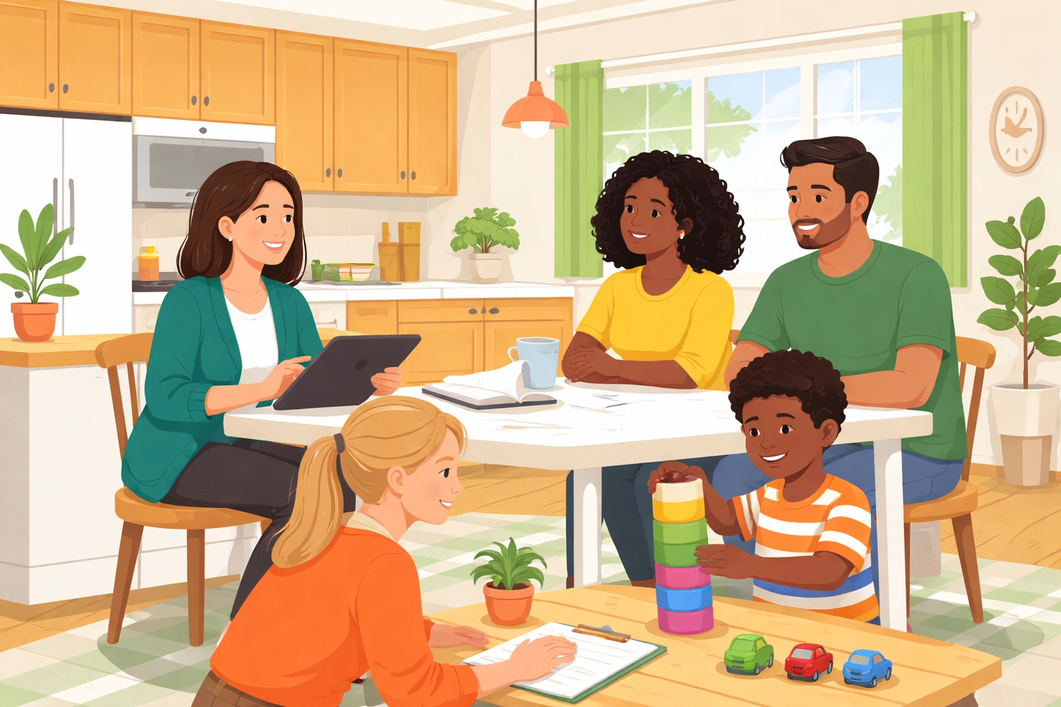 Family and ABA team participating in in-home therapy at a kitchen table, showing collaboration in Texas homes