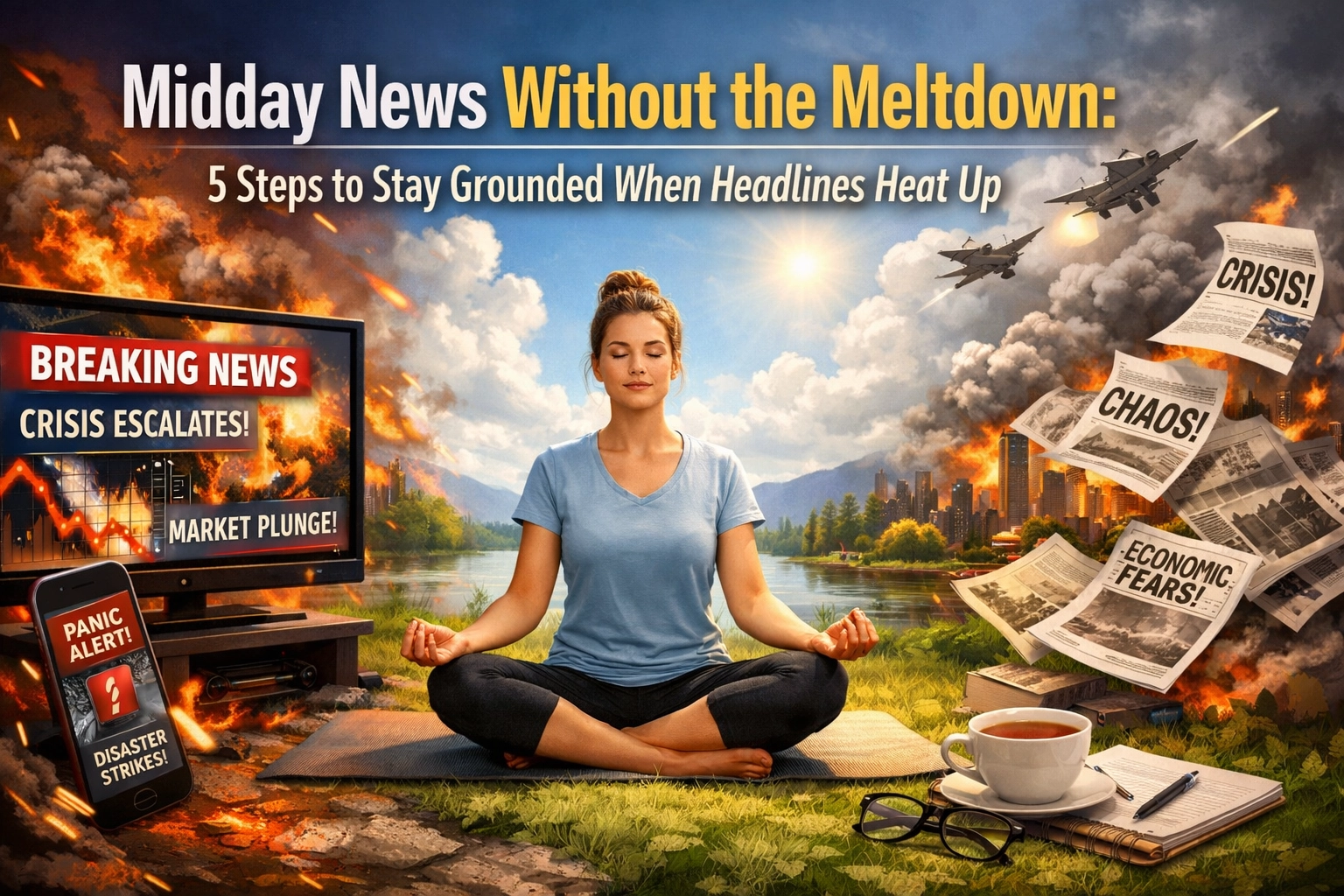 We've all been there. You check your phone during lunch, scroll through headlines, and suddenly your heart rate jumps. The breaking news banner flashes red. Your stomach tightens. By the time you set your phone down, the peaceful afternoon you had planned feels hijacked by anxiety you can't quite shake. Here's the reality: staying informed is important, but drowning in news stress isn't a badge of honor.  When headlines feel overwhelming, you're not weak for needing a strategy: you're wise. The goal isn't ignorance; it's peace with awareness. If midday news checks are wrecking your calm, these five steps will help you stay grounded without tuning out completely.  1. Set Boundaries Around Your News Intake  The first step to managing news-related stress is controlling when and how you consume information . Endless scrolling and constant news alerts create a mental environment where you're perpetually bracing for the next crisis. Instead of checking headlines every hour, set specific times to catch up: maybe once in the morning and once in the evening. Stick to one or two trusted sources rather than jumping between five different apps. If evening news triggers anxiety, turn off the TV after dinner and put your phone in another room. Biblical grounding matters here.  Philippians 4:8 reminds us to focus on what is true, noble, and praiseworthy: not to bury our heads in the sand, but to curate what we allow to occupy our minds. When you control your news intake, you're exercising stewardship over your mental and emotional health. Practically, this might mean: Deleting news apps from your home screen Turning off push notifications Following one or two reliable news sources instead of doomscrolling social media Setting a 10-minute timer when you do check the news You don't have to know everything the moment it happens. The world will keep turning if you wait until 6 PM to catch up.  2. Practice Grounding and Breathing Techniques  When anxiety peaks: whether from a breaking news alert or a conversation about current events: your body enters fight-or-flight mode. Your breathing gets shallow, your thoughts spiral, and suddenly you're catastrophizing about things outside your control. Box breathing  is a simple tool that calms your nervous system in under two minutes. Here's how it works: Breathe in through your nose for four counts Hold your breath for four counts Exhale through your mouth for four counts Pause for four counts before repeating Do this for two to three minutes, and you'll notice your heart rate slow and your thoughts clear. Another powerful technique is the 5-4-3-2-1 grounding exercise . When your mind starts racing, pause and identify: Five things you can see Four things you can touch Three things you can hear Two things you can smell One thing you can taste This exercise anchors you to the present moment instead of letting your mind spin out into worst-case scenarios. You're not dismissing the news; you're choosing not to let it hijack your nervous system. Psalm 46:10 says, "Be still, and know that I am God." Sometimes the most spiritual thing you can do is take a breath and remember that God is sovereign over the headlines.  3. Move Your Body Regularly  Physical movement is one of the most underrated tools for managing stress. When you're anxious, your body is flooded with stress hormones like cortisol. Exercise helps your body metabolize those hormones  and produce endorphins that naturally improve your mood. You don't need a gym membership or an hour-long workout. A 15-minute walk around the block, a few minutes of stretching, or even dancing in your living room can shift your mental state. The key is to choose movement you actually enjoy. If running feels like punishment, try: Walking outside in nature Yoga or gentle stretching Biking around your neighborhood Dancing to your favorite playlist Playing with your kids or pets Pair your movement with mindfulness: pay attention to how your body feels, notice your breathing, and let the rhythm of movement calm your mind. When you move your body, you're not escaping reality; you're giving your brain the space it needs to process information without panic. First Corinthians 6:19-20 reminds us that our bodies are temples of the Holy Spirit. Taking care of your physical health isn't vanity: it's stewardship.  4. Prioritize Sleep, Nutrition, and Stress-Relief Basics  When you're sleep-deprived, every headline feels more catastrophic than it actually is. Your brain needs rest to think clearly and regulate emotions.  If you're staying up late scrolling through news or waking up anxious, you're sabotaging your ability to handle stress. Here's what helps: Turn off screens an hour before bed Keep your bedroom a news-free zone (no TV news in bed, no phone under your pillow) Aim for 7-9 hours of sleep Stick to a consistent sleep schedule, even on weekends Nutrition matters too. When you're stressed, it's tempting to reach for comfort food, but sugar and caffeine can worsen anxiety and disrupt sleep. Instead, focus on: Fruits and vegetables Lean protein Whole grains Plenty of water Limit caffeine after 2 PM and avoid heavy meals right before bed. Your body and mind work together: when one is off, the other struggles. Proverbs 3:7-8 says, "Do not be wise in your own eyes; fear the Lord and shun evil. This will bring health to your body and nourishment to your bones." Taking care of your physical health is an act of worship.  5. Engage in Activities That Bring Joy and Connection  When the news feels heavy, make time for things that bring you genuine joy. You're not being irresponsible by taking a break to stargaze, play music, or work on a hobby.  You're restoring your soul so you can engage with the world from a place of peace instead of panic. Connection is equally important. Isolation amplifies anxiety, so reach out to trusted friends or family. Share what you're feeling: not to complain, but to process. Sometimes just naming your stress out loud takes away some of its power. Consider: Calling a friend for a no-agenda conversation Joining a small group or Bible study Spending time in nature Volunteering in your community Keeping a gratitude journal Ecclesiastes 4:9-10 says, "Two are better than one... If either of them falls down, one can help the other up." You weren't meant to carry news anxiety alone. Need prayers? Text us day or night at 1-901-213-7341.  The Peace That Passes Understanding  These five steps aren't about ignoring reality or pretending the world is fine when it's not. They're about stewarding your mental and emotional health so you can stay informed without falling apart. Jesus promised us peace: not the absence of trouble, but the presence of His presence in the middle of it. John 16:33 says, "In this world you will have trouble. But take heart! I have overcome the world." The headlines will always be there. The question is whether you'll let them dictate your emotional state or whether you'll choose to stay grounded in something bigger. Follow LayneMcDonald.com for more Christ-centered clarity on today's biggest questions.