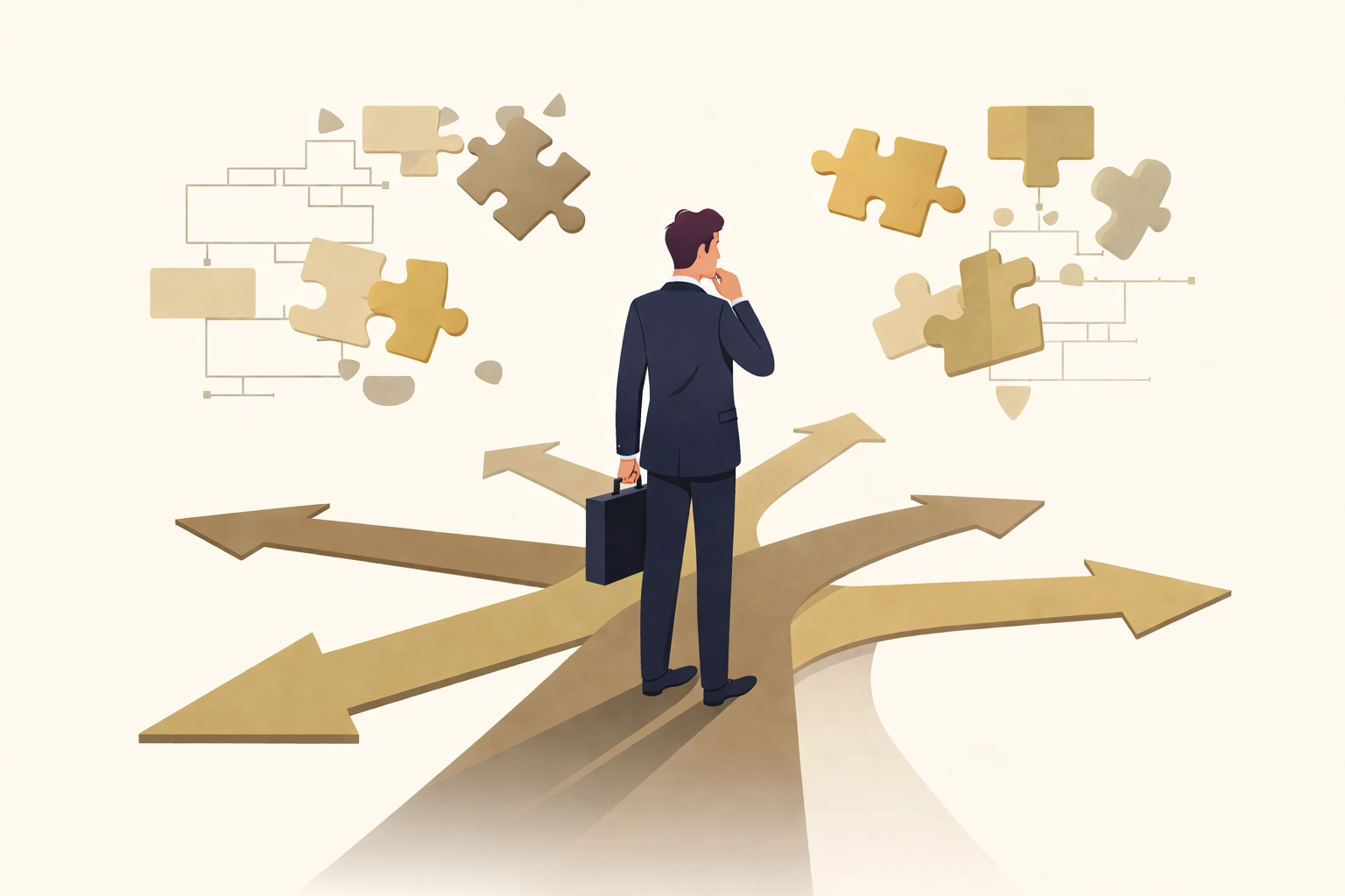 A sales executive stands at a crossroads, symbolizing fragmented decision-making and challenges in maintaining decision integrity.