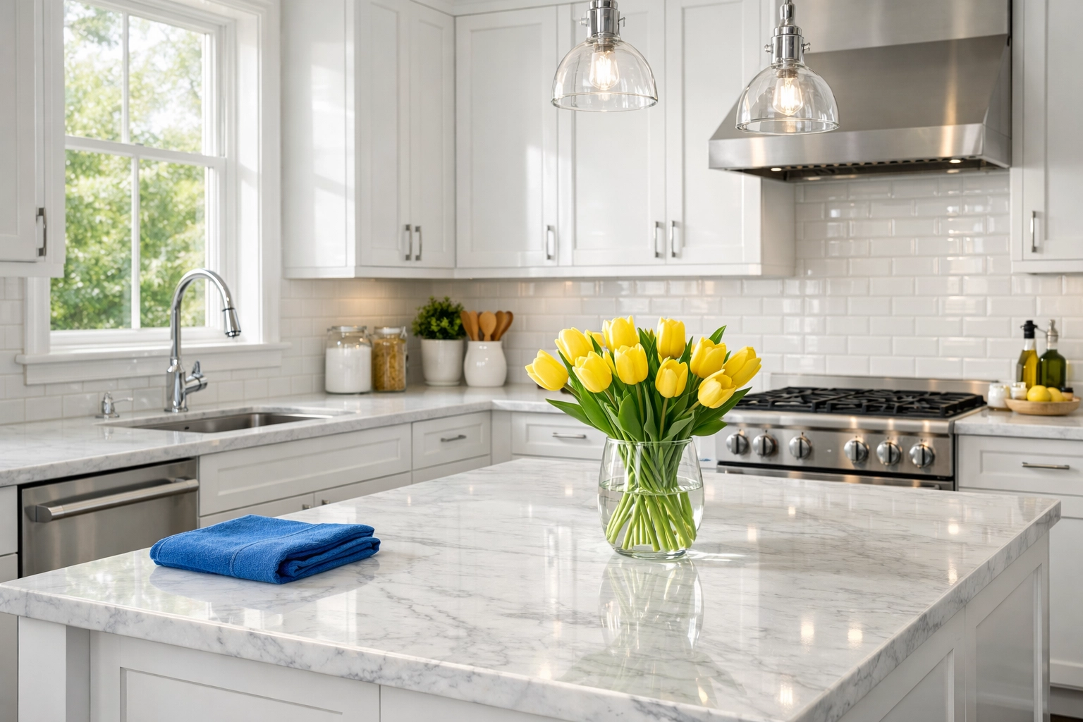 Professional apartment cleaning in a bright Boston kitchen with sparkling white cabinets and marble counters.