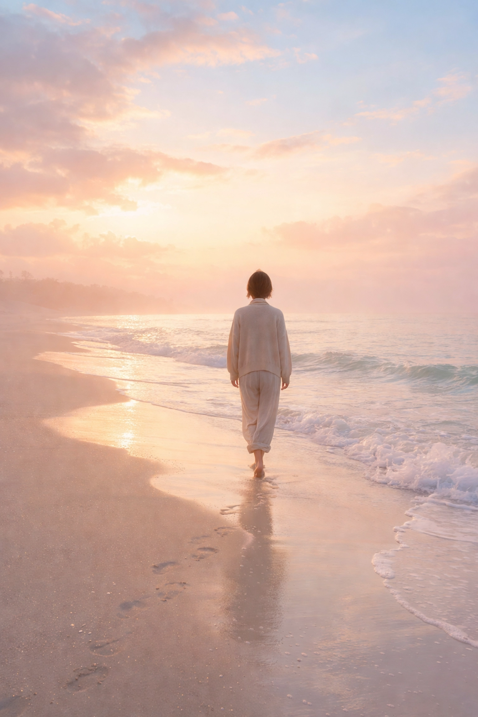 Person walking alone on a quiet beach at sunrise, representing executive self-care and proactive resilience.
