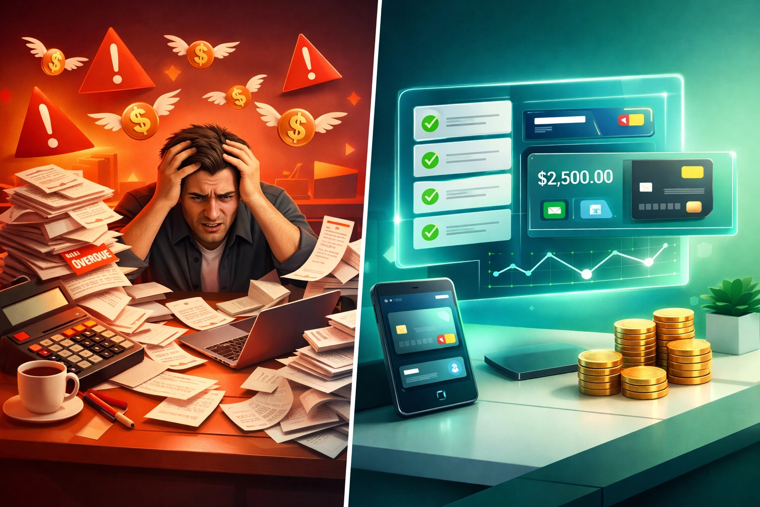 Traditional payment chaos versus streamlined Larecoin digital payment system comparison