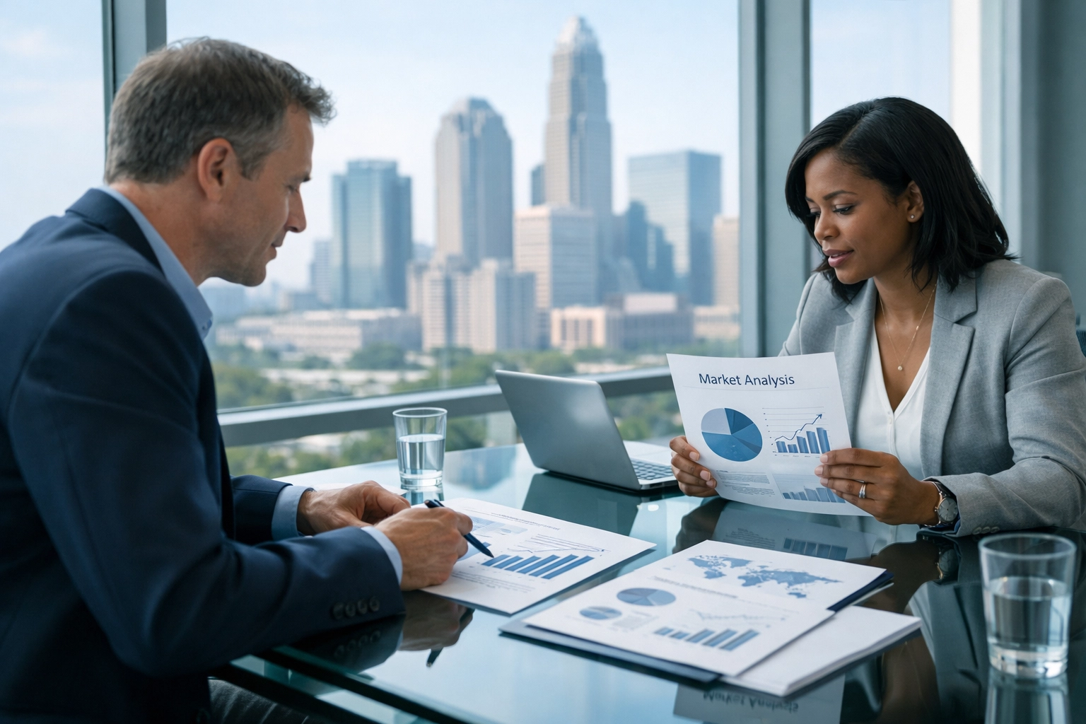 Business professionals analyzing company valuation factors in North Carolina office