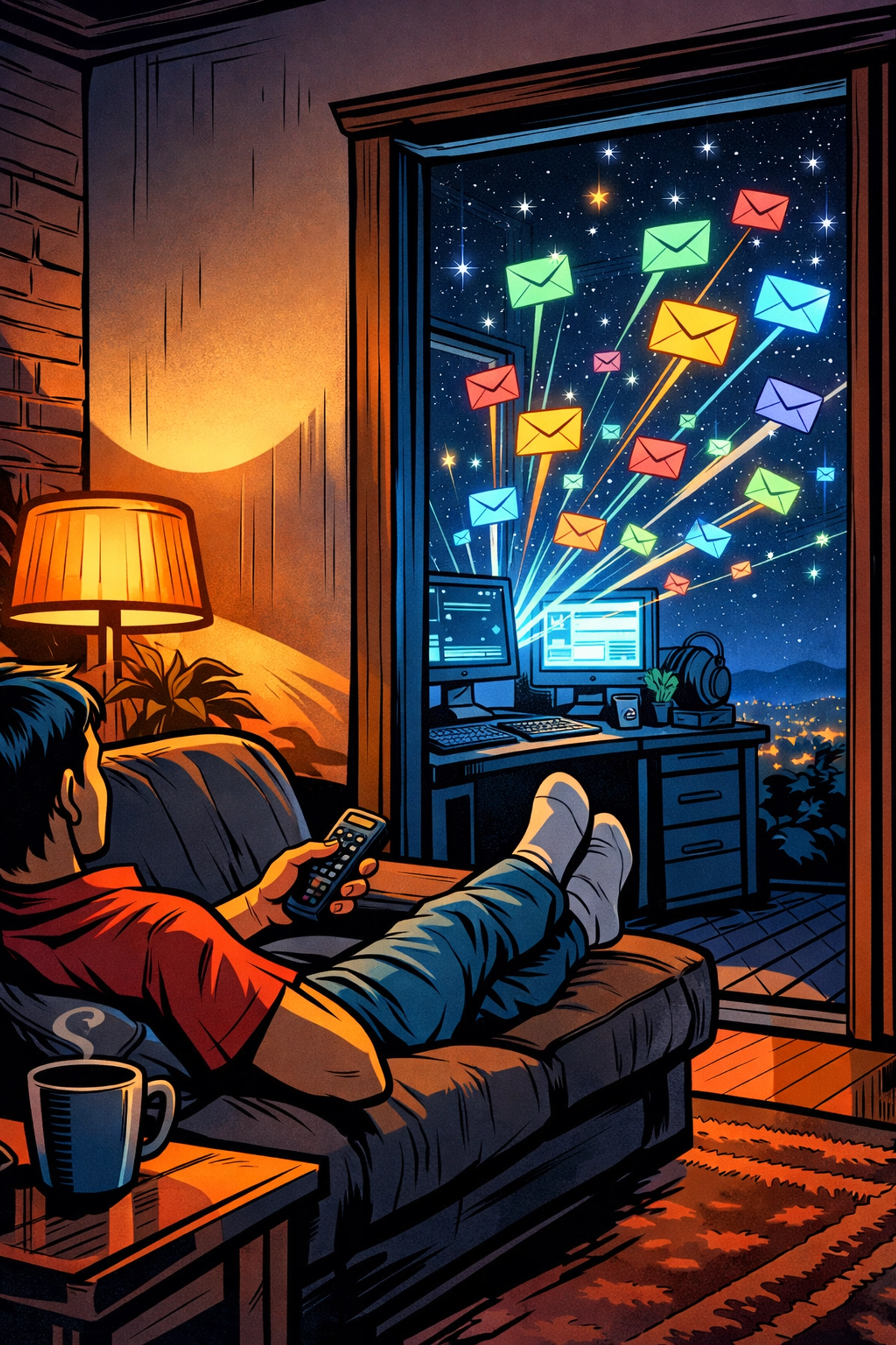 Automated AI lead generation working while solopreneur relaxes at home