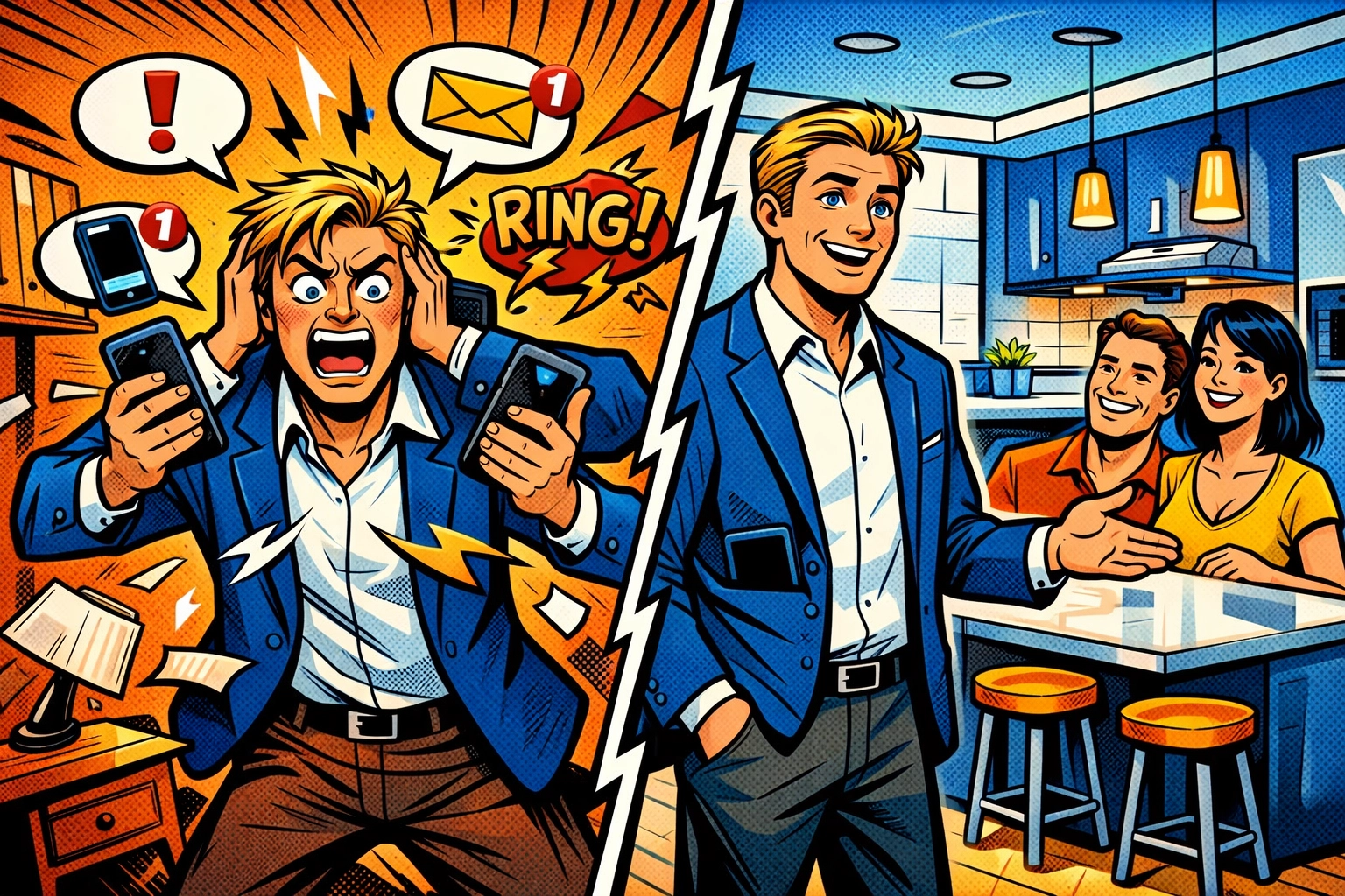 Real estate agent overwhelmed by phone inquiries vs focused agent at property showing with AI assistant