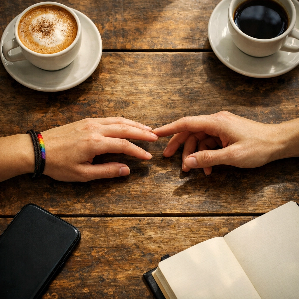 Hands nearly touching across cafe table with rainbow bracelet symbolizing hidden gay connection