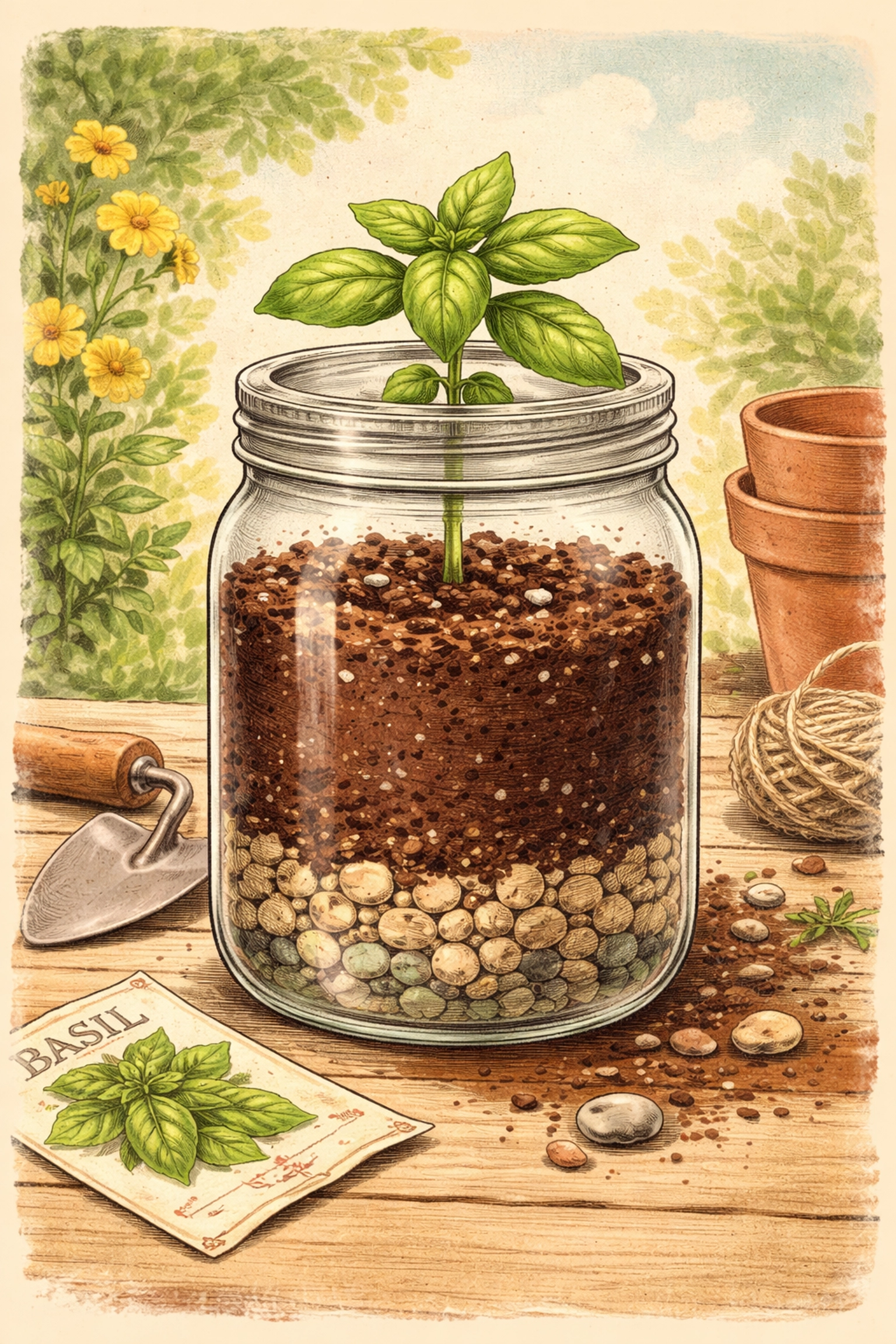 Cross-section of a glass jar layers for basil: pebbles for drainage, soil, and a small basil seedling sprouting