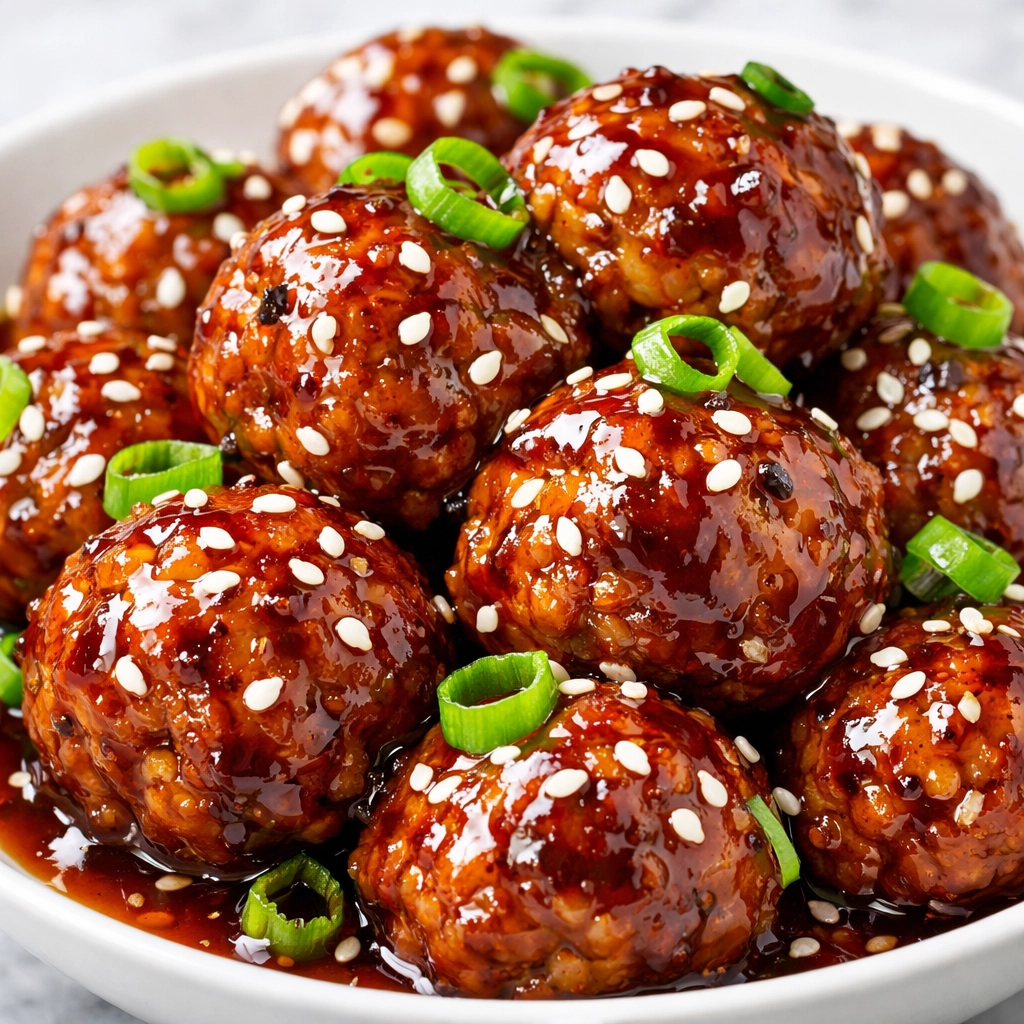 Glossy 5-ingredient honey garlic meatballs garnished with green onions and sesame seeds.